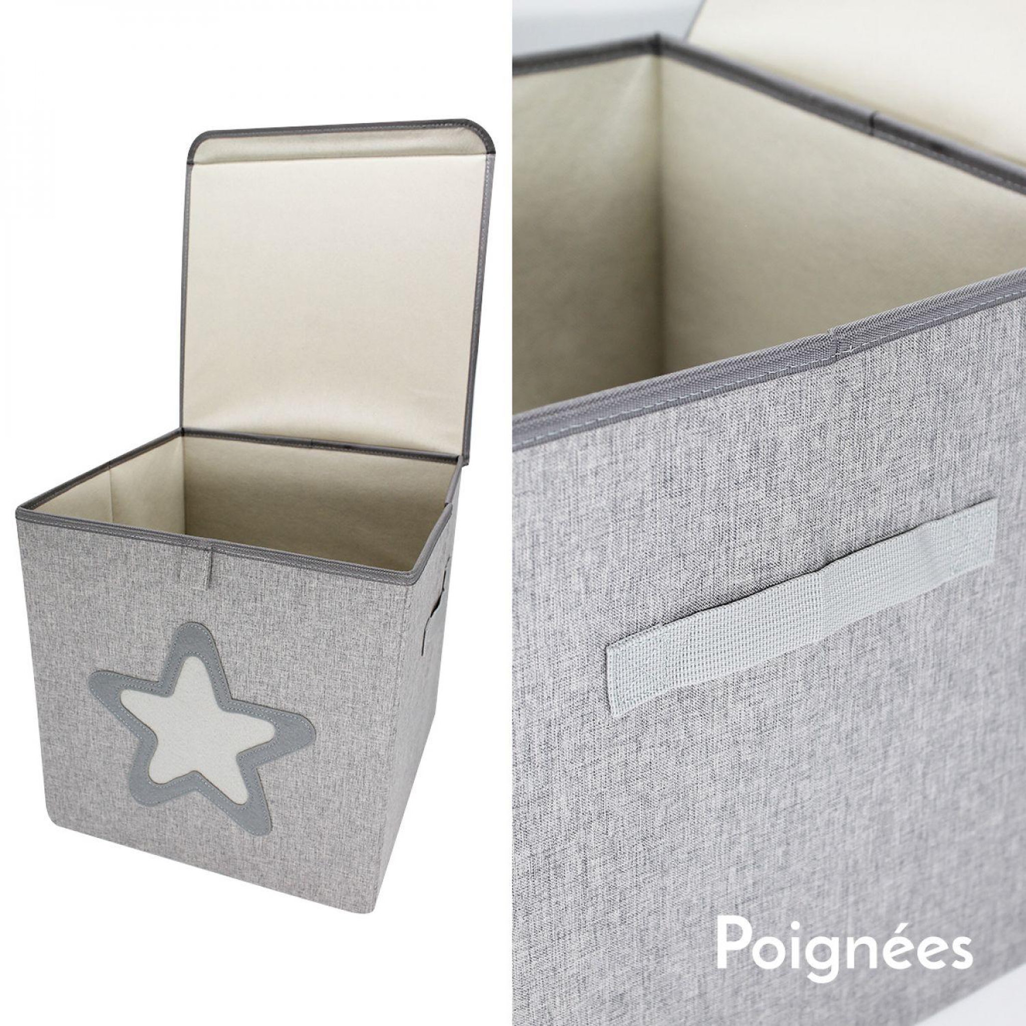 Voir la diapositive 3 : Monsieur Bébé Lot de 2 boites de rangement, coffre à jouets pour enfant avec couvercle - 33 x 33 x 33 cm - Gris Étoile