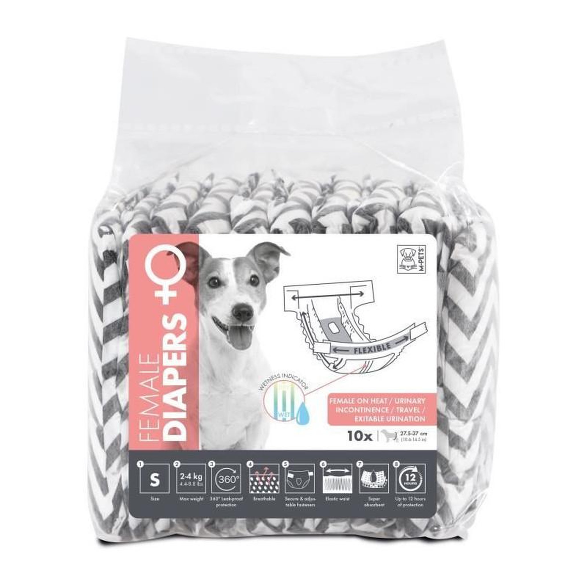 M PETS Couches pour chien - M PETS - DIAPERS - Femelle S x10 - Tour de taille 17,5-37 cm - 2-4 kg - Indicateur d'humidité - 12h protec
