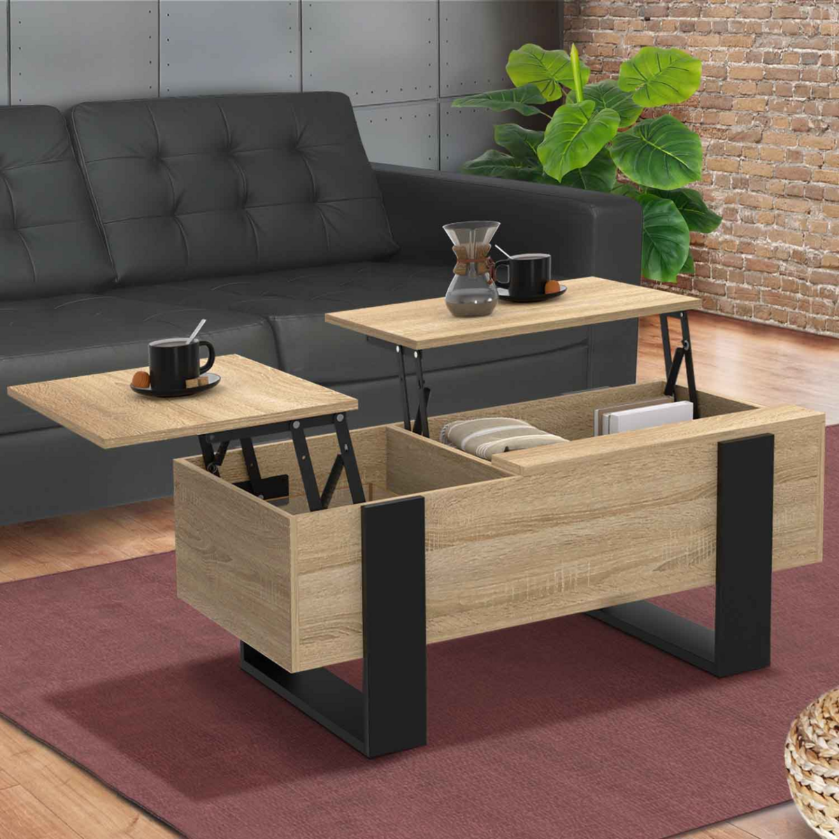 ID MARKET Table basse 2 plateaux relevables PHOENIX bois noir et façon hêtre