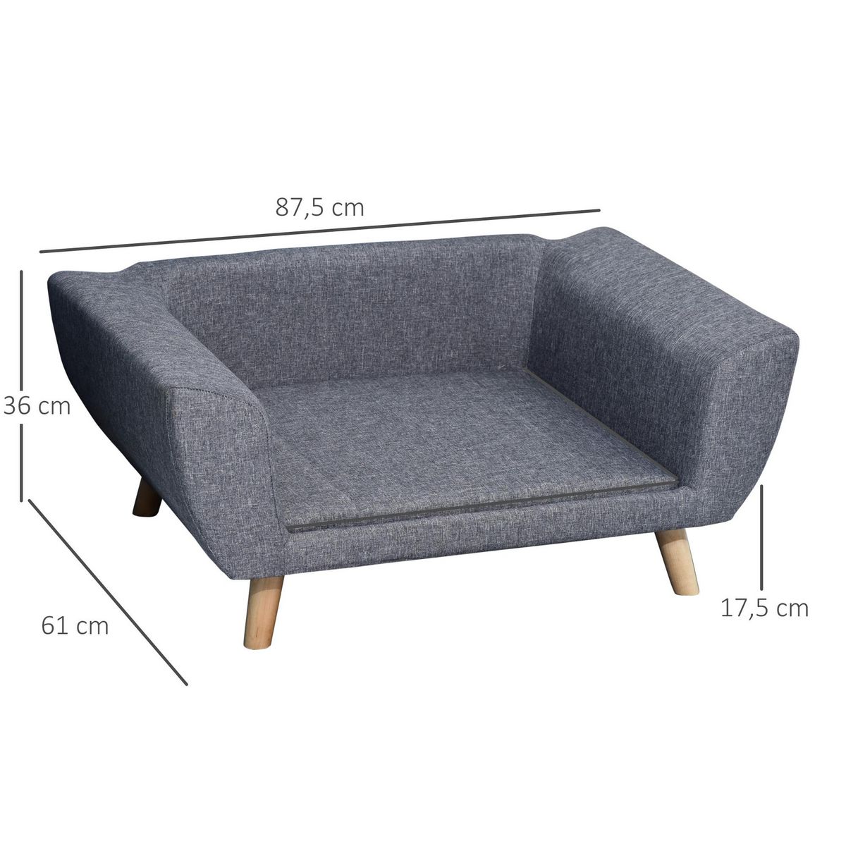 PAWHUT Canapé chien lit pour chien design scandinave coussin moelleux pieds bois massif dim. 87 x 61 x 36 cm polyester gris