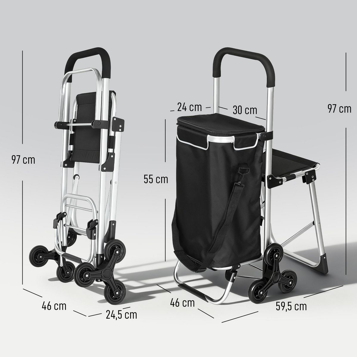 HOMCOM Chariot de courses pliable 3 en 1 tabouret sac à bandoulière 40L poignée telescopique compartiment isotherme alu noir