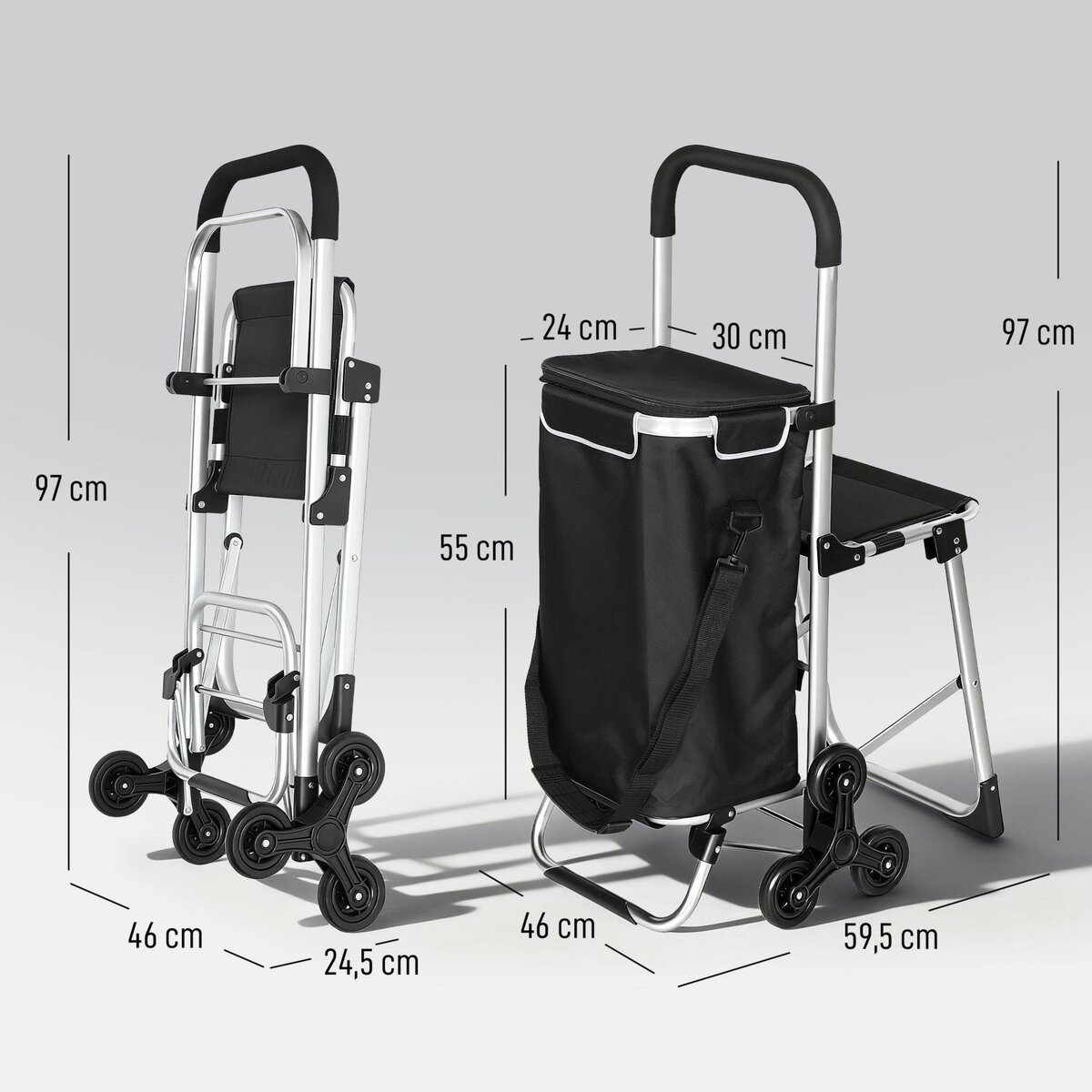 HOMCOM Chariot de courses pliable 3 en 1 tabouret sac à bandoulière 40L poignée telescopique compartiment isotherme alu noir