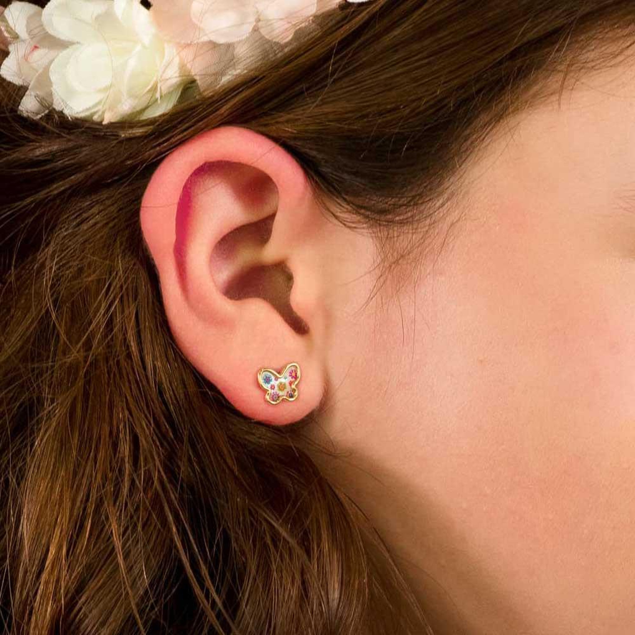 Voir la diapositive 2 : L'ATELIER D'AZUR Boucles d'Oreilles Or 18 Carats 750 Jaune et Nacre - Papillons
