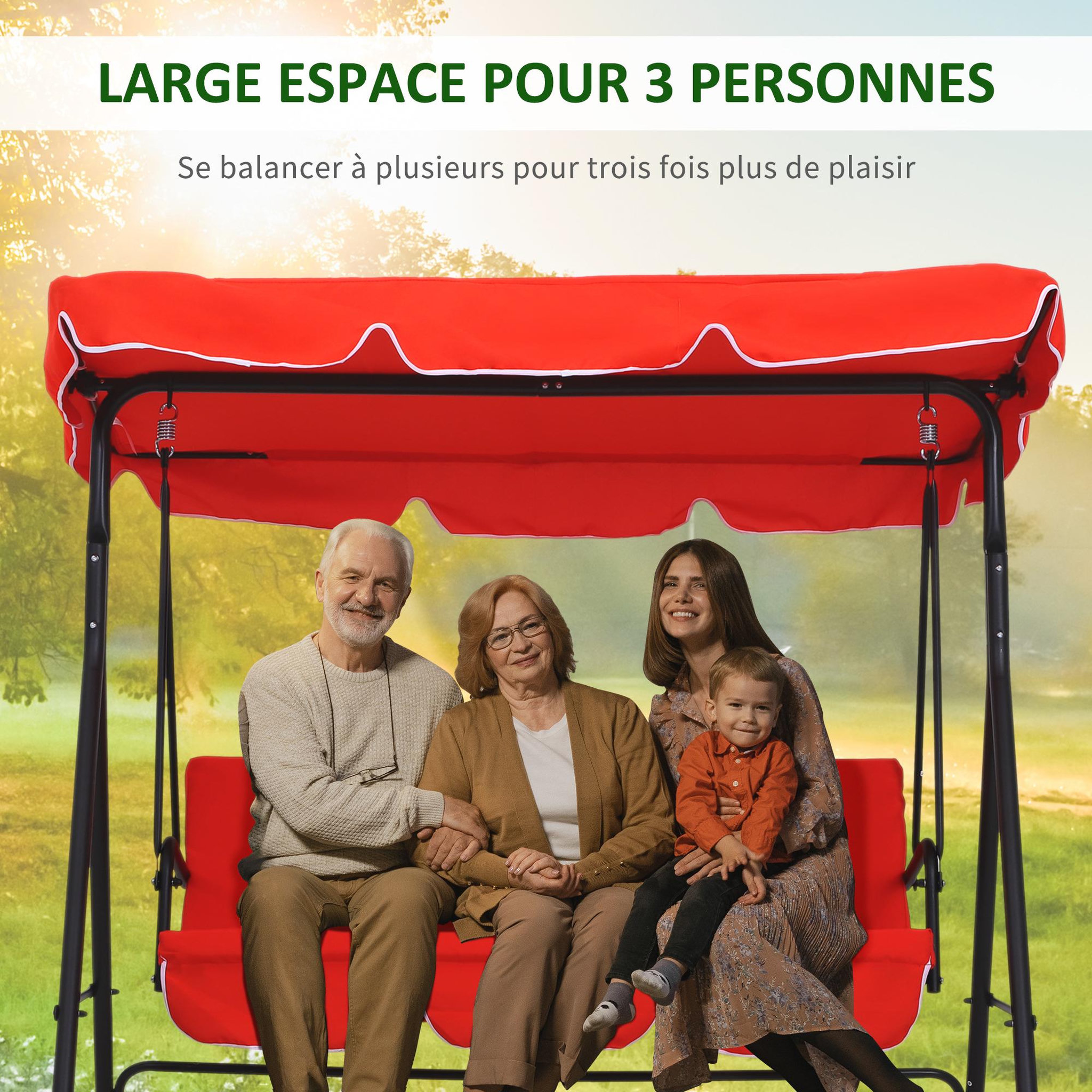 Voir la diapositive 4 : OUTSUNNY Balancelle de jardin 3 places toit inclinaison réglable coussins assise et dossier 1,72L x 1,1l x 1,52H m acier noir polyester rouge
