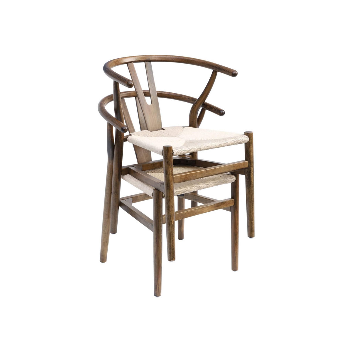 SWEEEK Lot de deux chaises vintage marron vieilli en bois d'hévéa avec assise en cordes et dossier arrondi