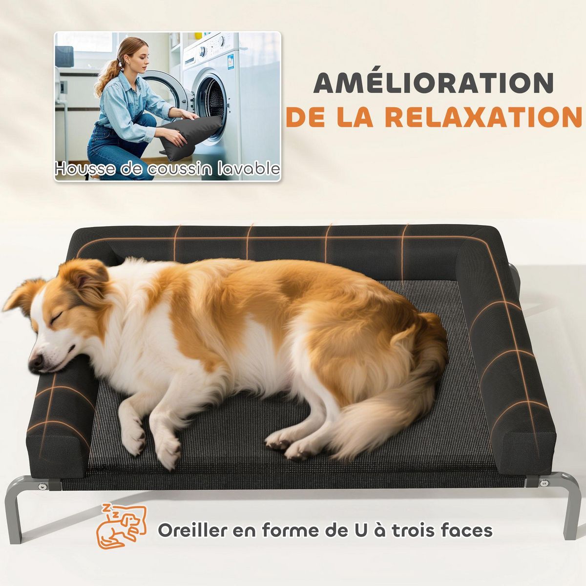 PAWHUT Transat pour animaux - lit pour chien - lit à pieds pour chien avec contour coussin dim. 110 x 75 x 30 cm - noir