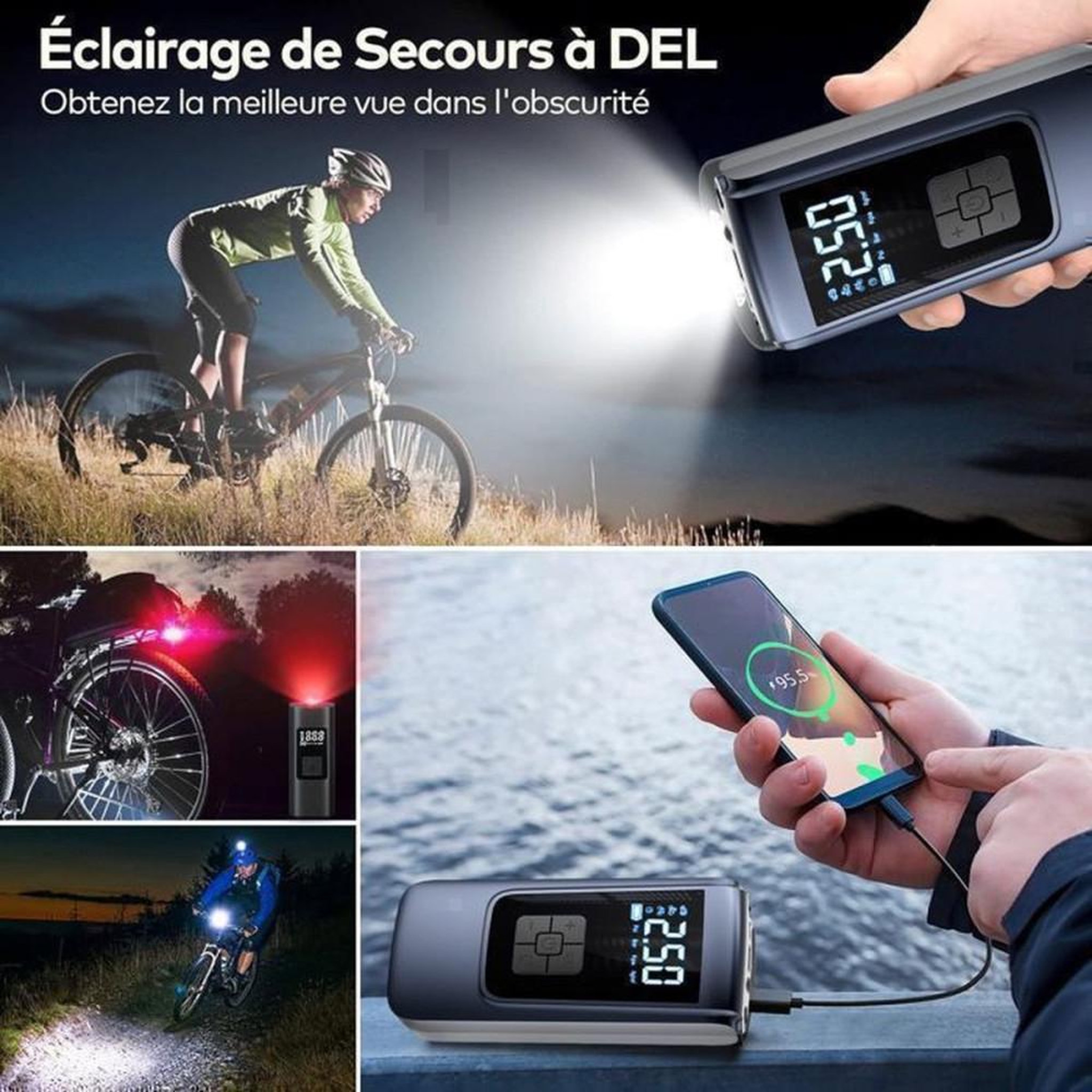Voir la diapositive 3 : Gonfleur de pneus sans fil 150 PSI à écran LCD, 4 modes avec arrêt automatique et lampe LED, pompe électrique rechargeable USB 4000 mAh, valves universelles