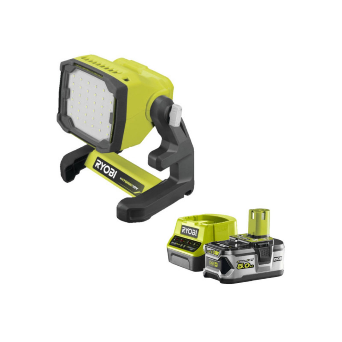 Ryobi Pack RYOBI Projecteur LED 18V One+ 1800 lumens RLFD18-0 - 1 Batterie 5.0Ah - 1 Chargeur rapide RC18