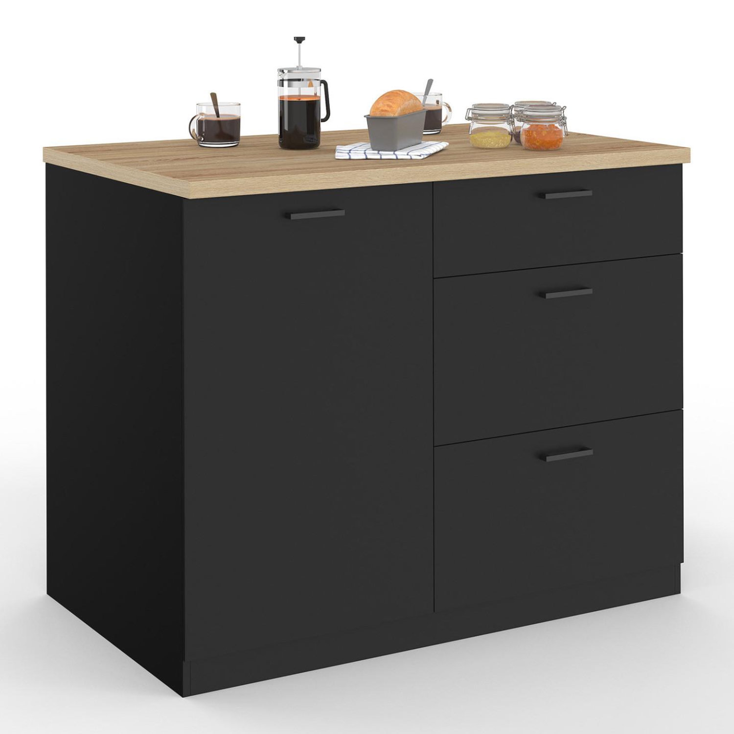 Id Market Ilot central tibo 110 cm casserolier 3 tiroirs bois noir avec plan de travail façon hêtre
