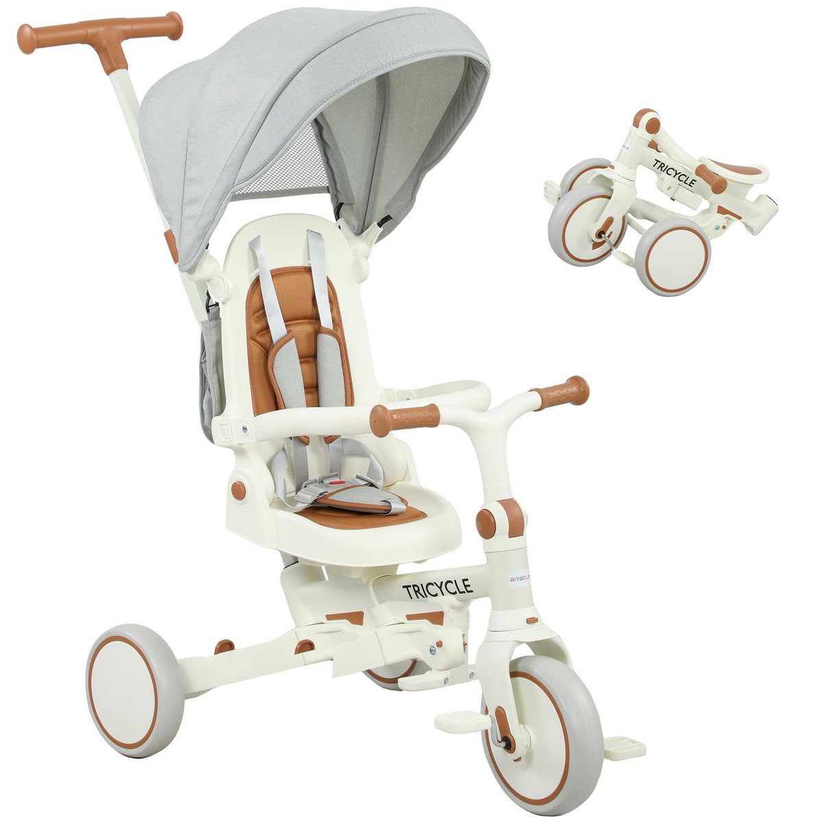 HOMCOM Tricycle enfant pliable évolutif 5 en 1 poignée telescopique auvent amovible marron crème
