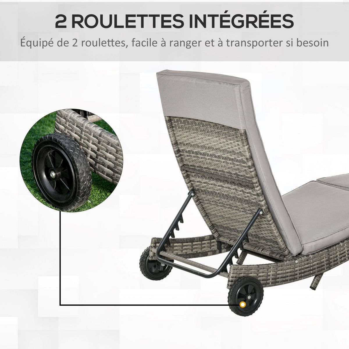 OUTSUNNY Bain de soleil transat grand confort - dossier inclinable 5 positions roulettes - matelas déhoussable inclus - résine tressée grise