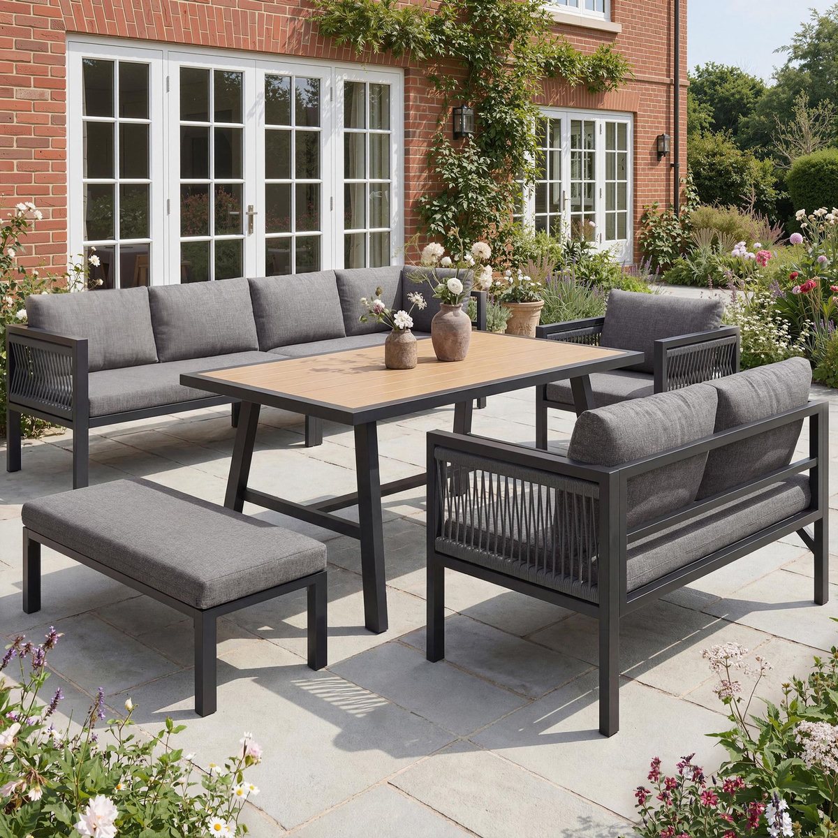 MERAX Salon de jardin 7 places avec canapé angle, fauteuil et pouf table