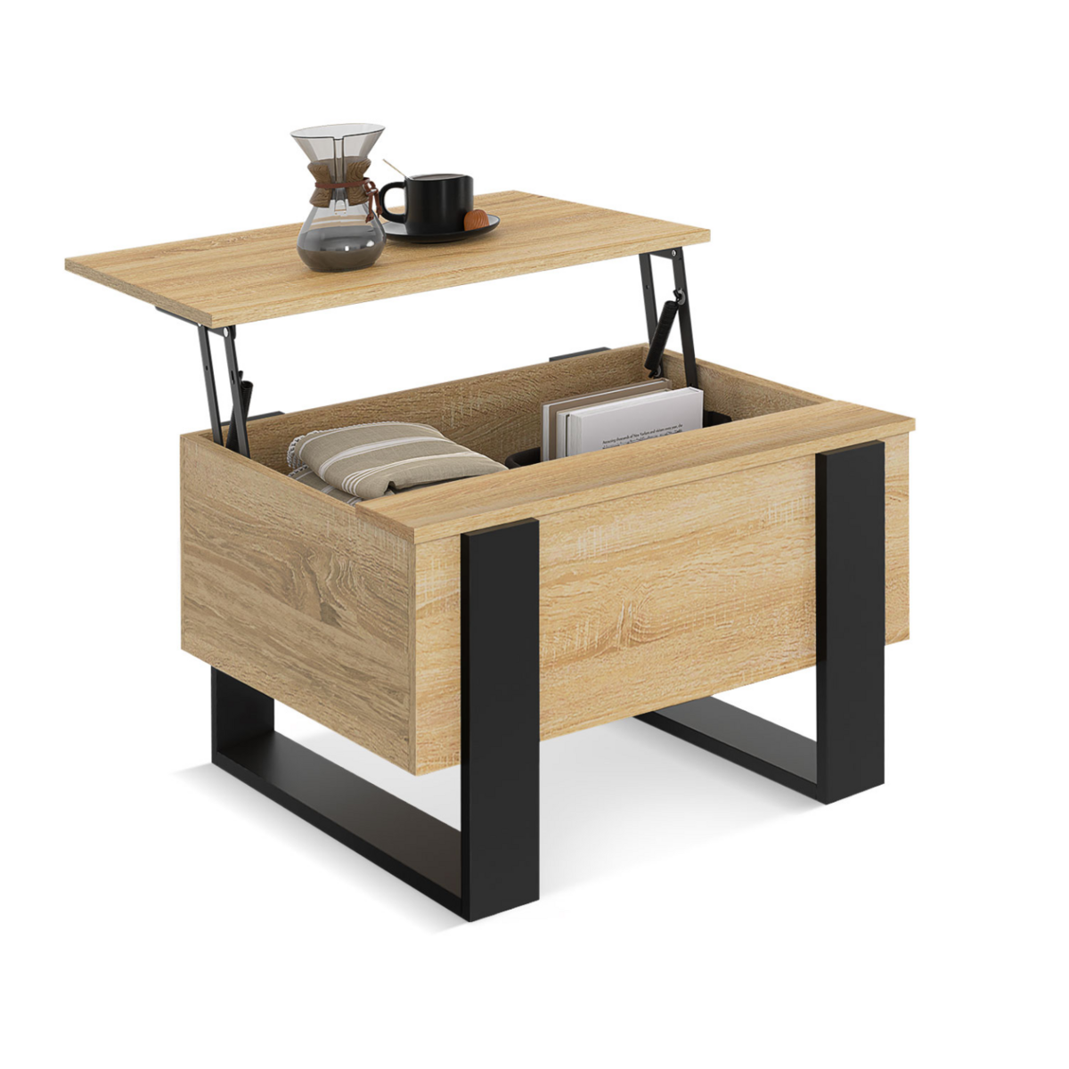 ID MARKET Table basse carrée plateau relevable 70 cm PHOENIX bois et noir