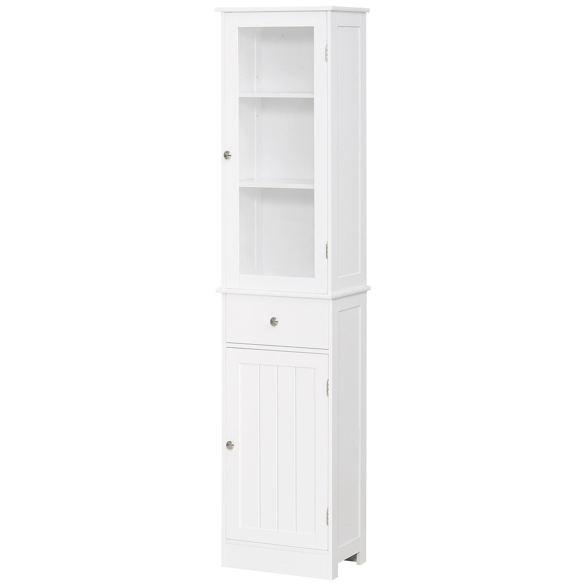 Voir la diapositive 1 : KLEANKIN Meuble colonne de salle de bain placard porte acrylique 2 étagères placard porte 1 étagère tiroir MDF blanc