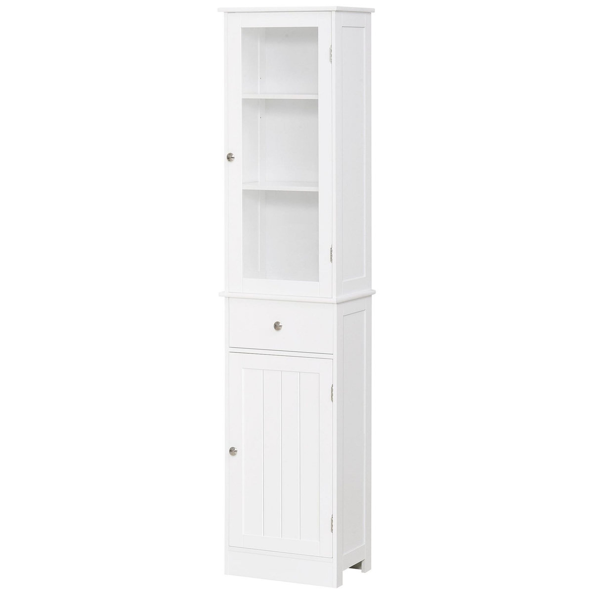 KLEANKIN Meuble colonne de salle de bain placard porte acrylique 2 étagères placard porte 1 étagère tiroir MDF blanc