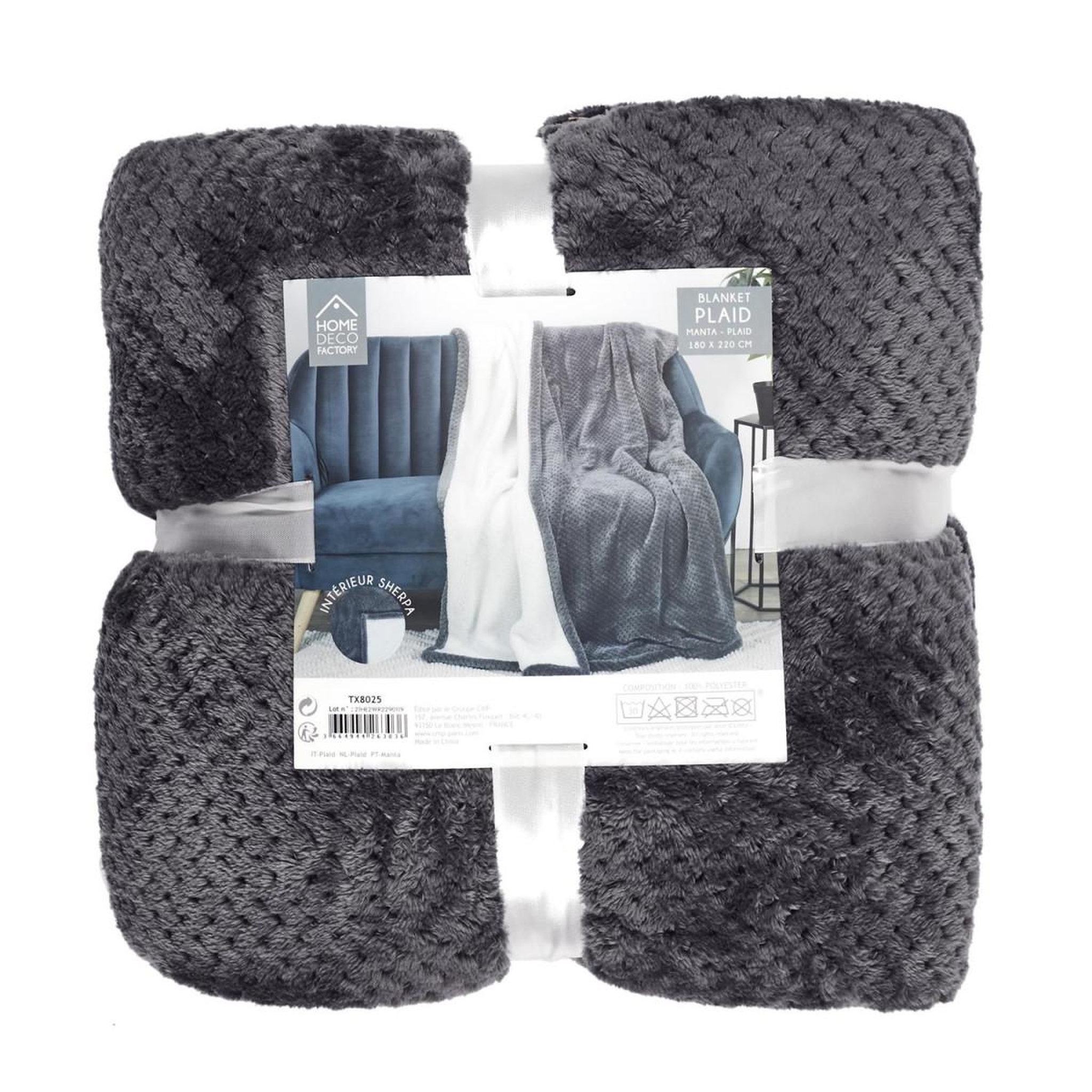 Voir la diapositive 4 : The Home Deco Factory Plaid  nid d'abeille sherpa  180x220cm gris foncé