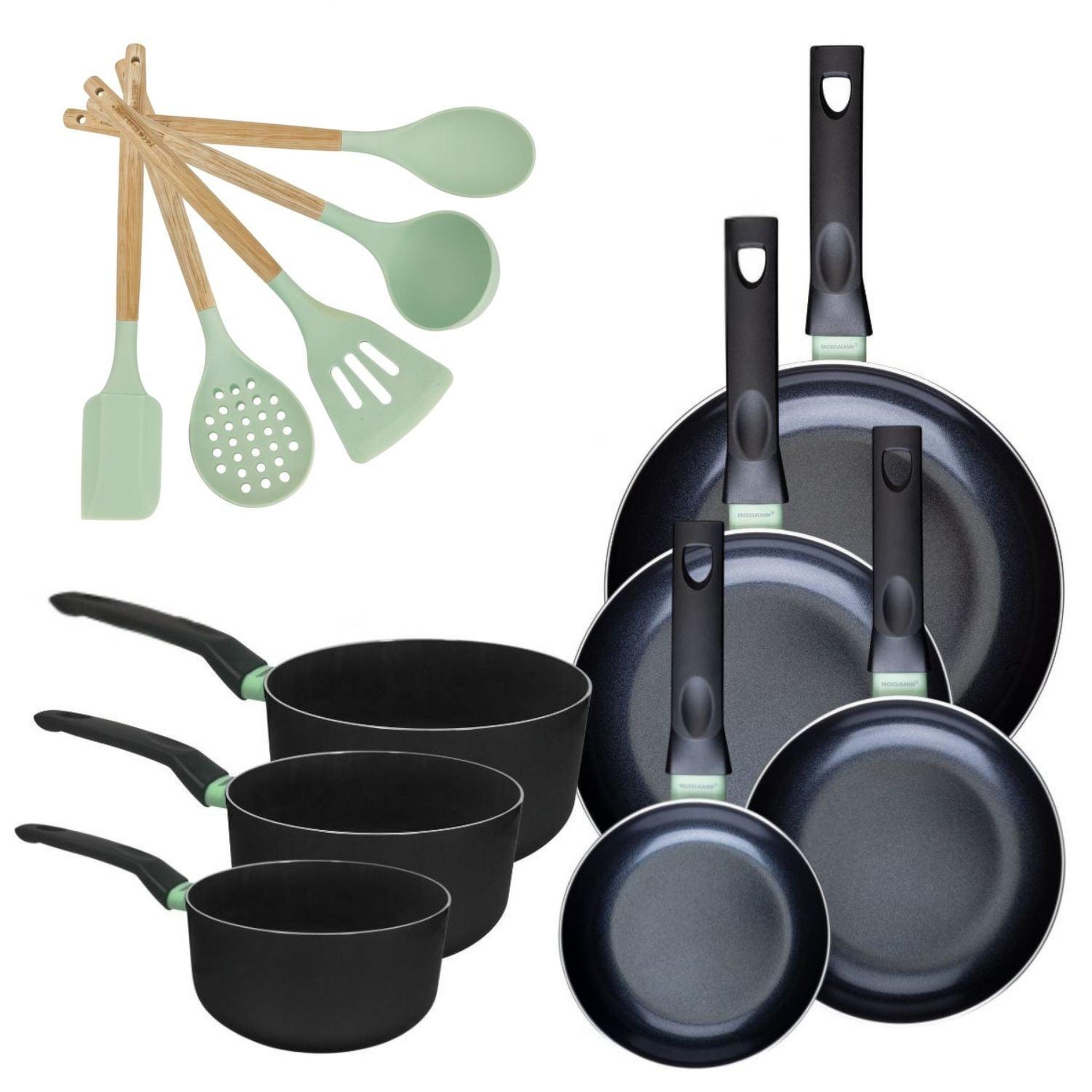 Fackelmann Batterie de cuisine avec 4 poêles 16/20/24/28 cm et 3 casseroles 16/18/20 cm et 5 ustensiles de cuisine fackelmann brandao océan