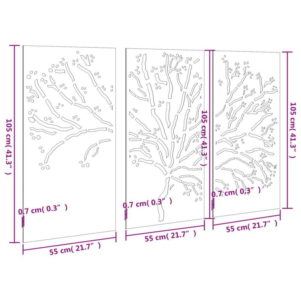 VIDAXL Decorations murales jardin 3 pcs 105x55 cm design d'arbre acier
