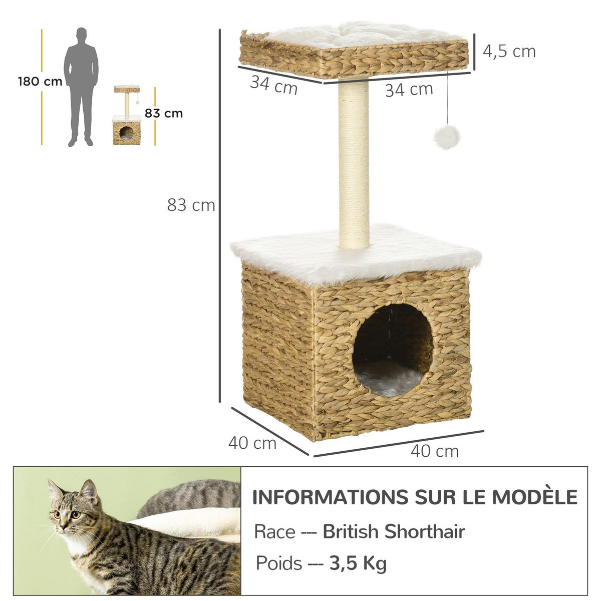 PAWHUT Arbre à chat style cosy chic griffoir sisal niche plateforme d'observation boule jacinthe d'eau peluche aspect fourrure