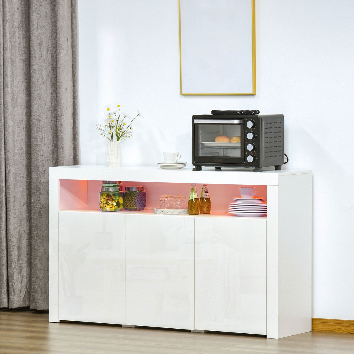 HOMCOM HOMCOM Buffet LED - meuble de rangement LED - 3 placards avec étagère et grande niche - panneaux particules MDF blanc laqué