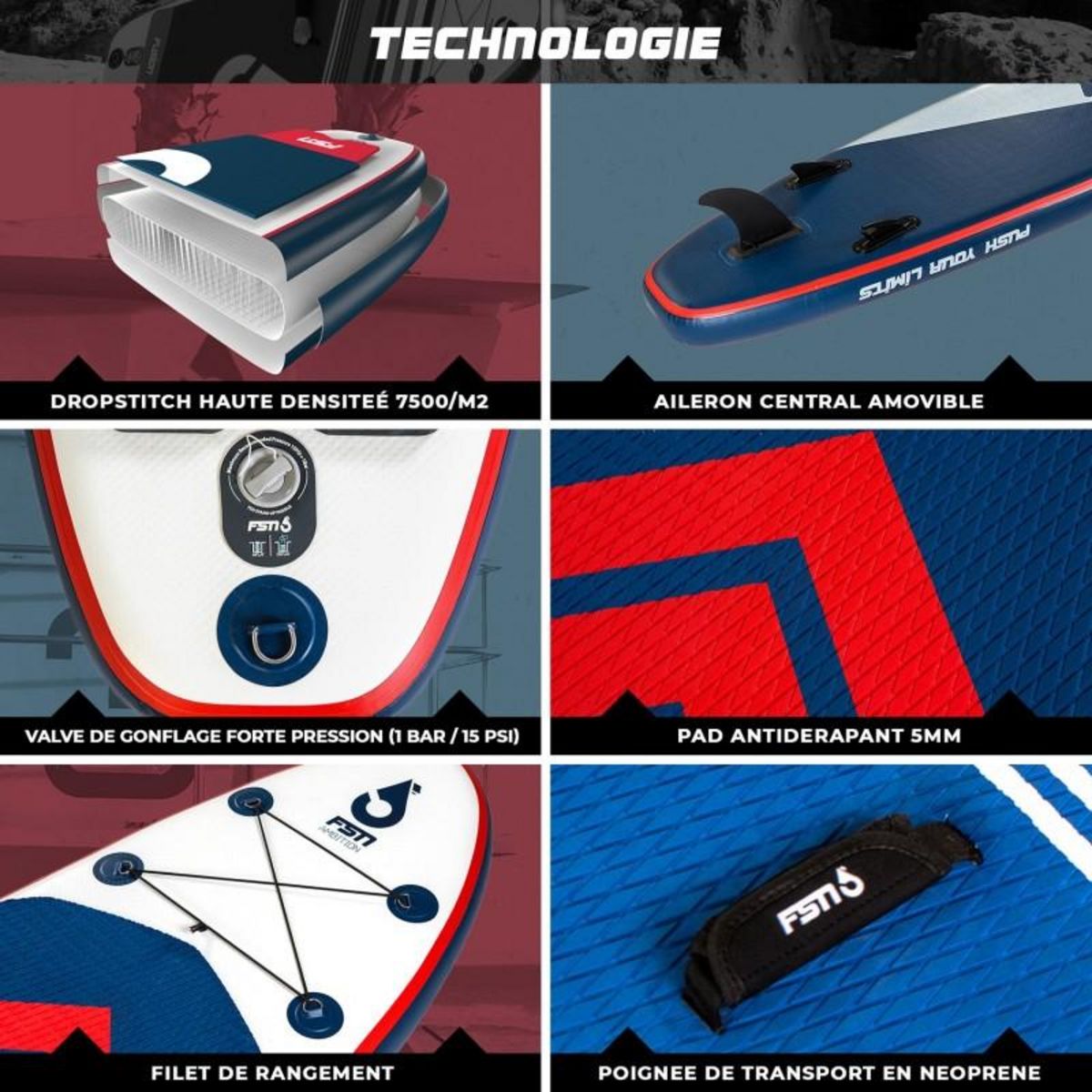 FUSION Paddle gonflable AMBITION 10'4 - 317x76x15 cm - Stand up paddle avec pagaie, leash, pompe, anneaux de kayak et sac de transport