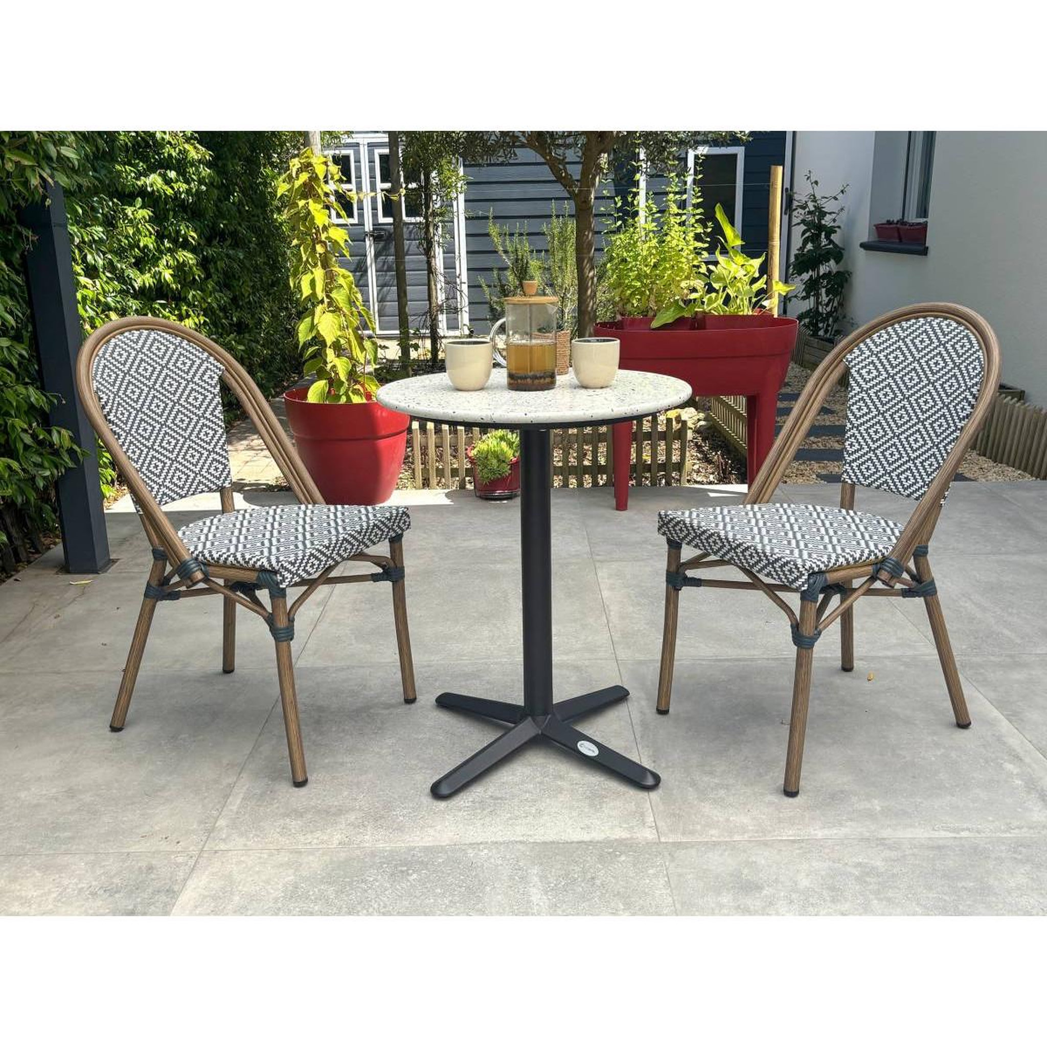 Voir la diapositive 3 : Paris Prix Ensemble table de jardin en terrazzo & 2 chaises  bistro  60cm bleu