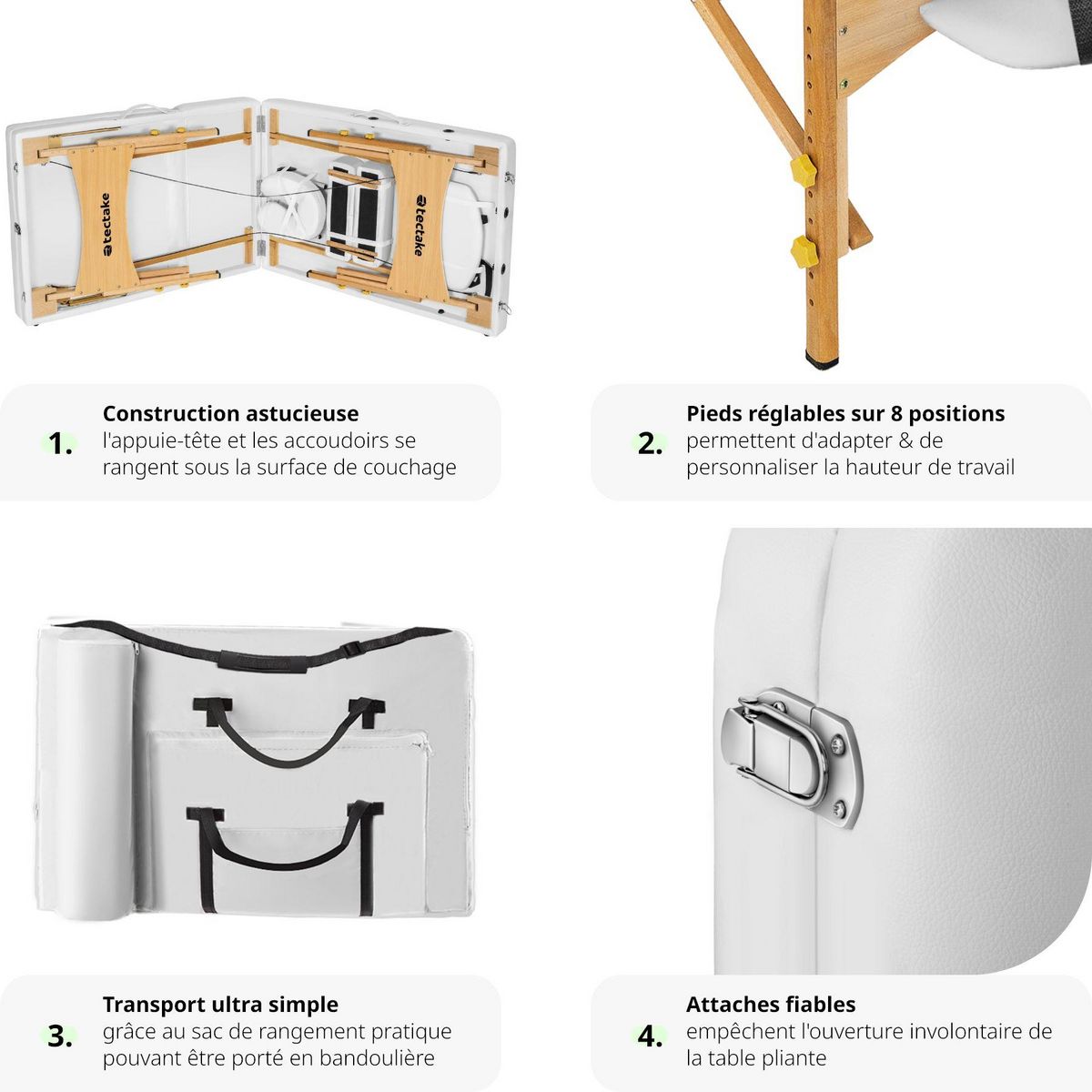 tectake Table de massage Somwang 3 zones avec rembourrage de 7,5cm et châssis en bois