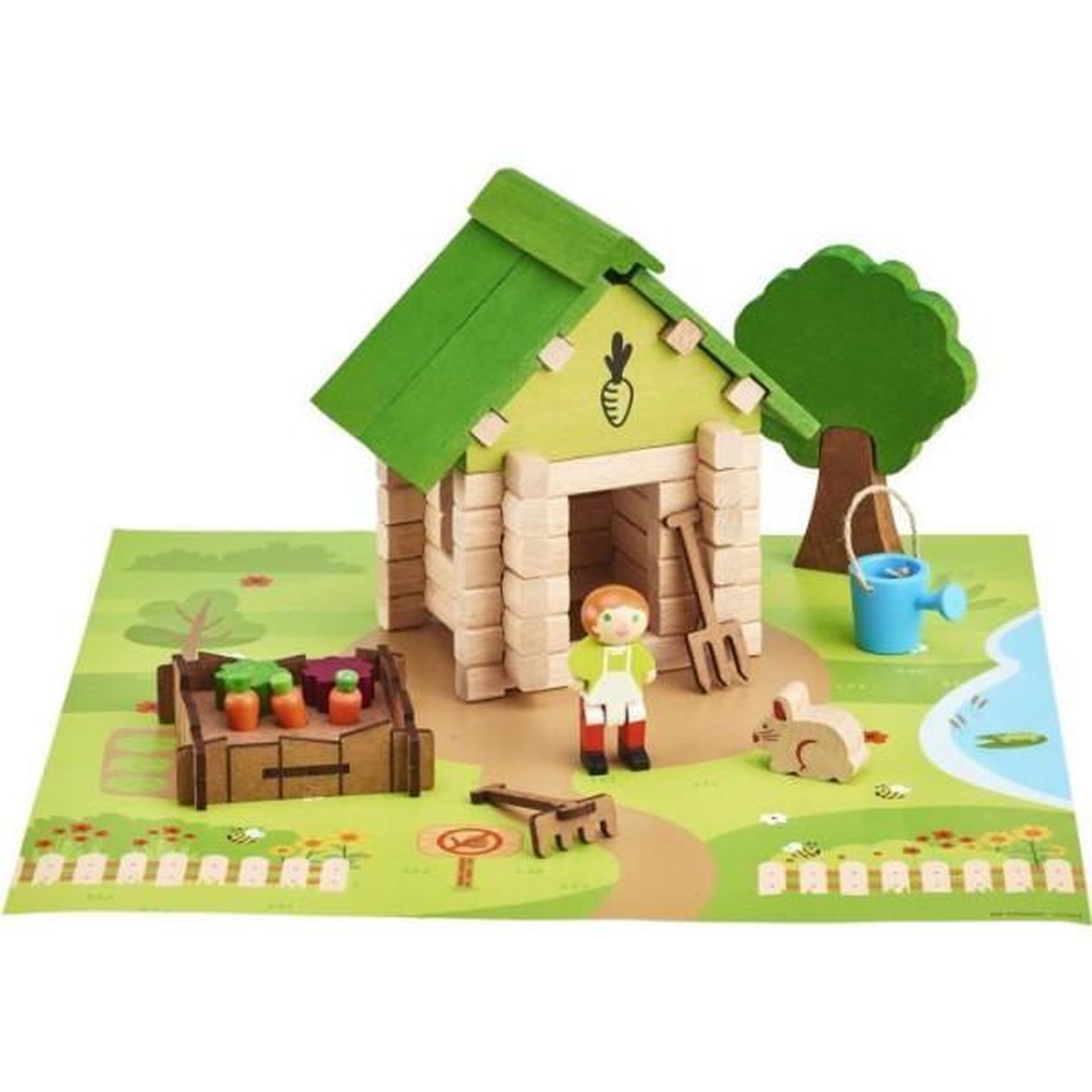 Voir la diapositive 1 : JeuJura La Cabane du Jardinier 60 Pieces - JEUJURA - Jeu de Construction en Bois Naturel, Tapis et Accessoires Inclus, 22x18,5x8,5 cm