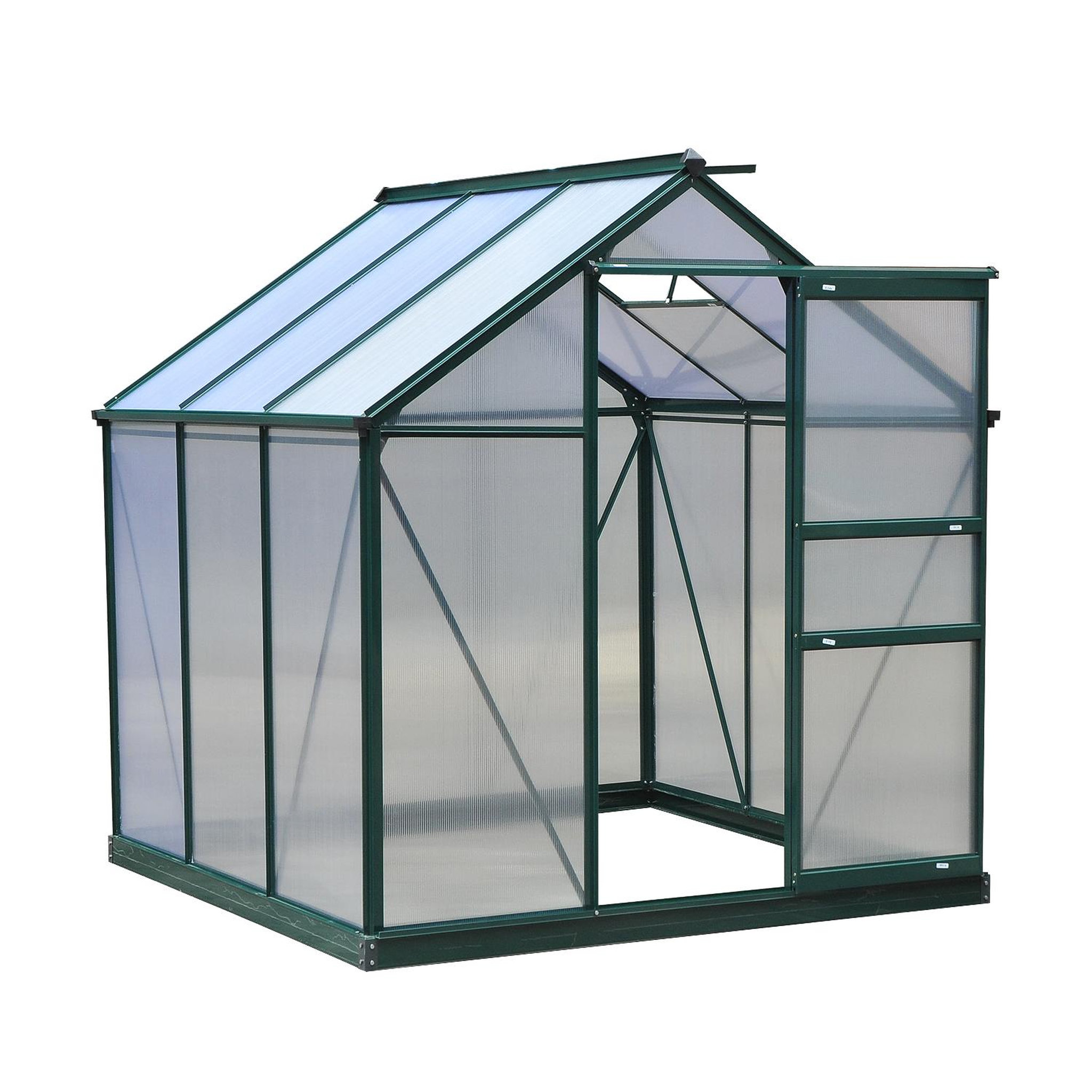 Voir la diapositive 2 : OUTSUNNY Serre de jardin aluminium polycarbonate 3,65 m² dim. 1,9l x 1,92l x 2,01h m lucarne, porte coulissante + fondation incluse alu. Vert polycarbonate transparent
