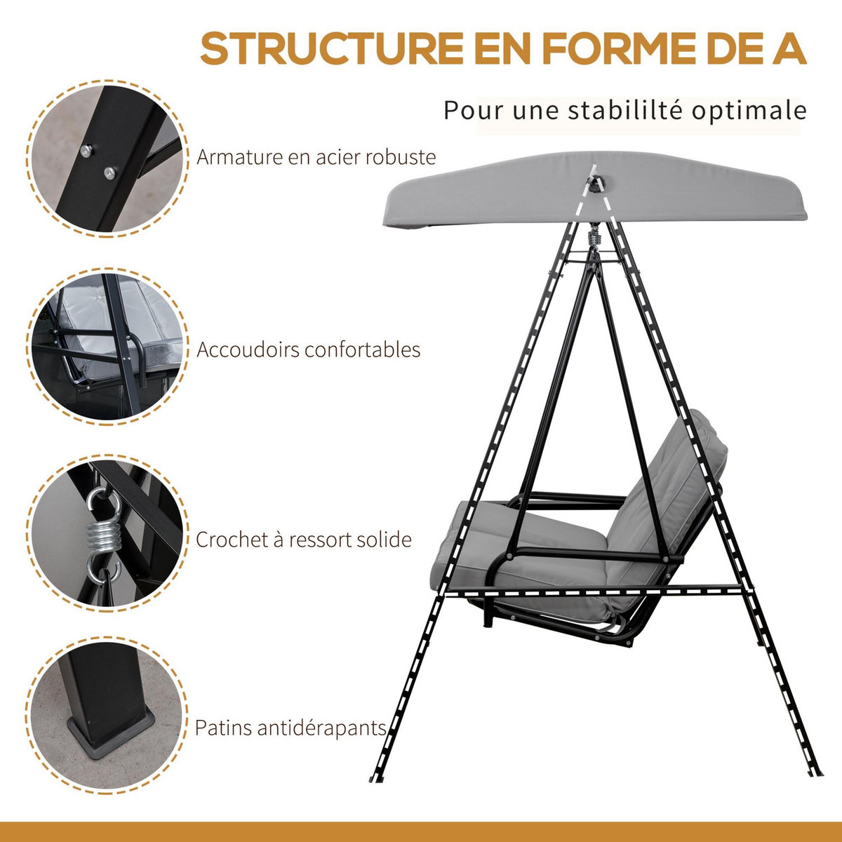 OUTSUNNY Balancelle de jardin 2 places grand confort coussins d'assise et dossier fournis accoudoirs pare-soleil gris