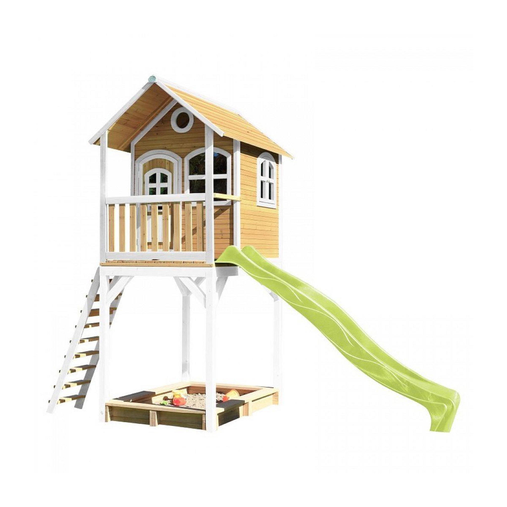 Axi House Axi maison enfant sur pilotis romy brun blanc avec toboggan vert citron et bac à sable