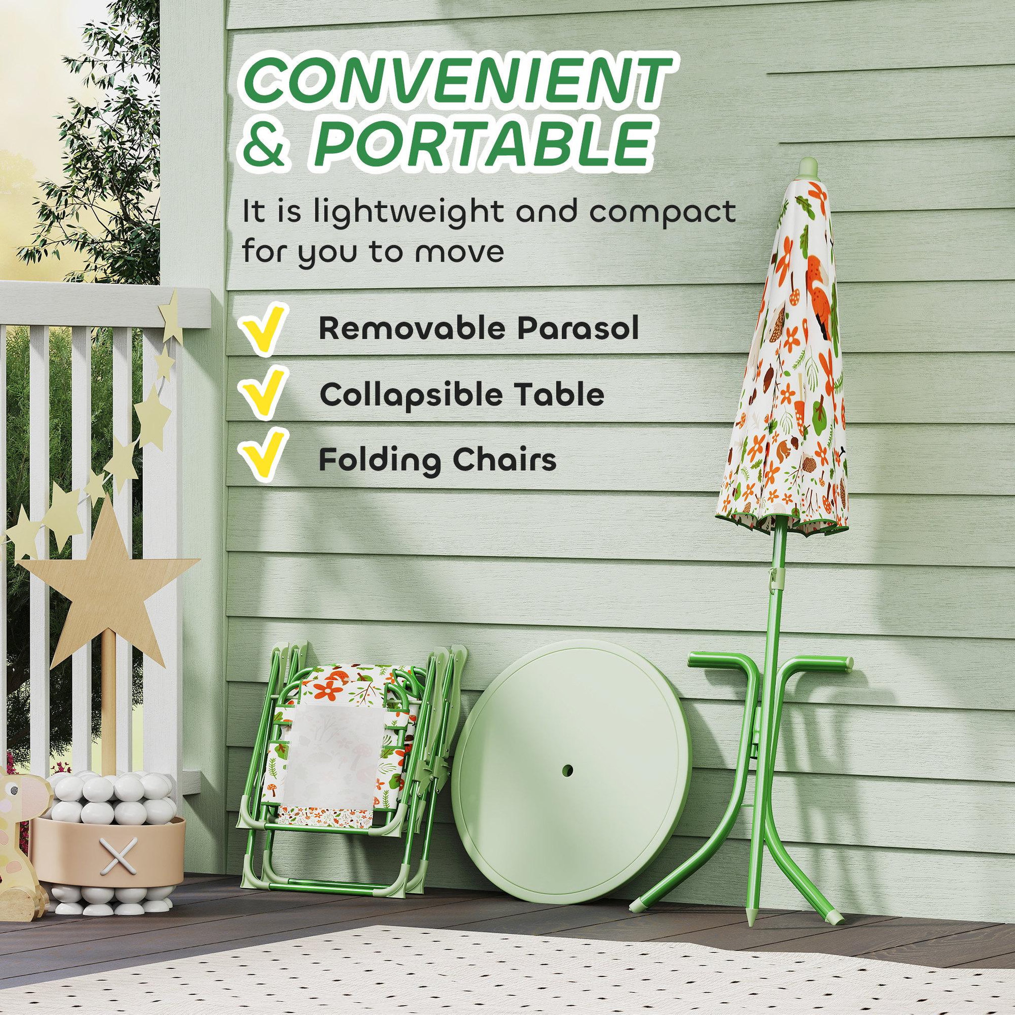 Voir la diapositive 5 : OUTSUNNY Ensemble salon de jardin enfant pliable 2 places 4 pièces motif vie de la forêt vert