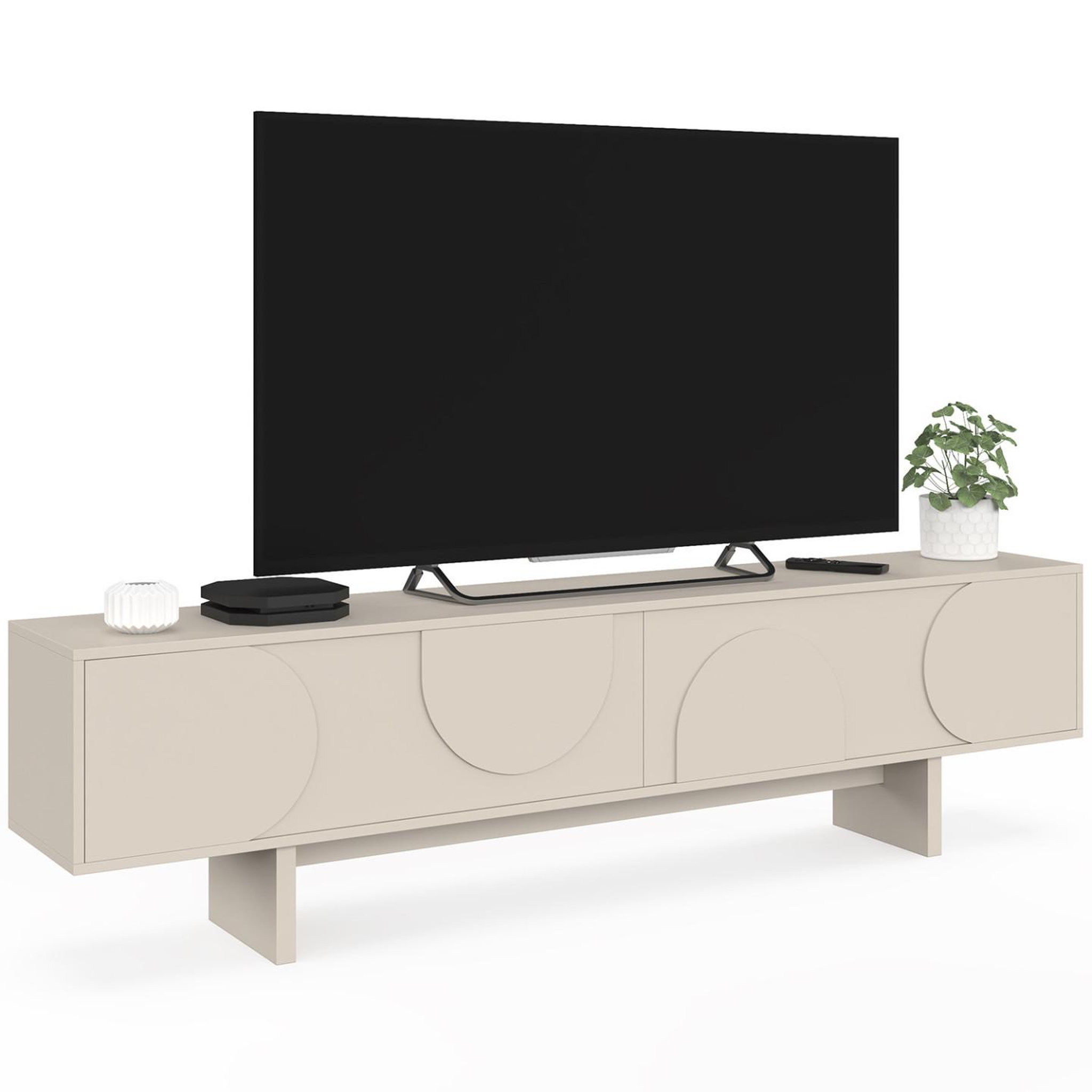 ID MARKET Meuble TV 180 cm ARVIN 2 portes avec reliefs arrondis bois coloris beige