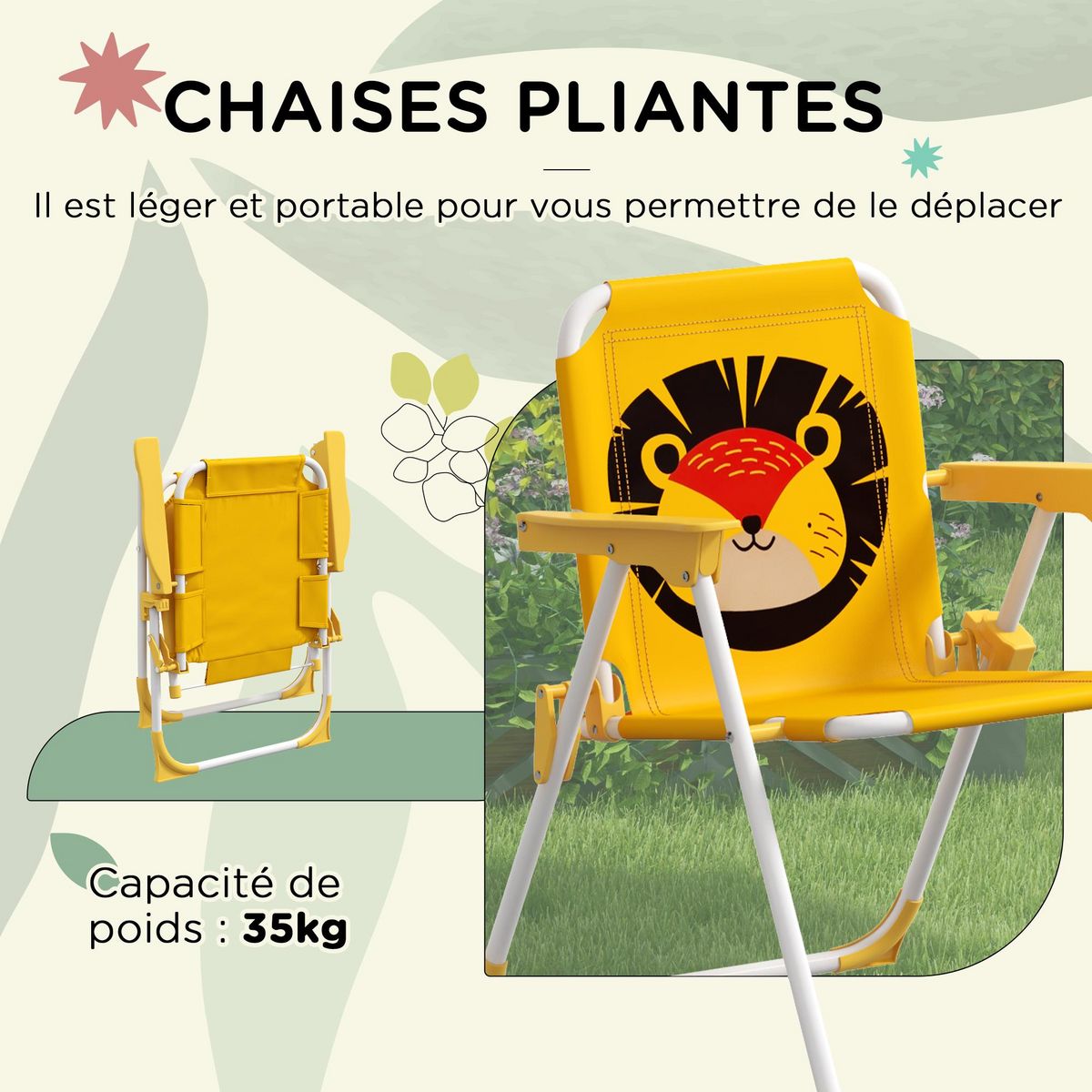 OUTSUNNY Ensemble salon de jardin enfant 4 pcs design lion - chaises pliables - métal polyester jaune rouge
