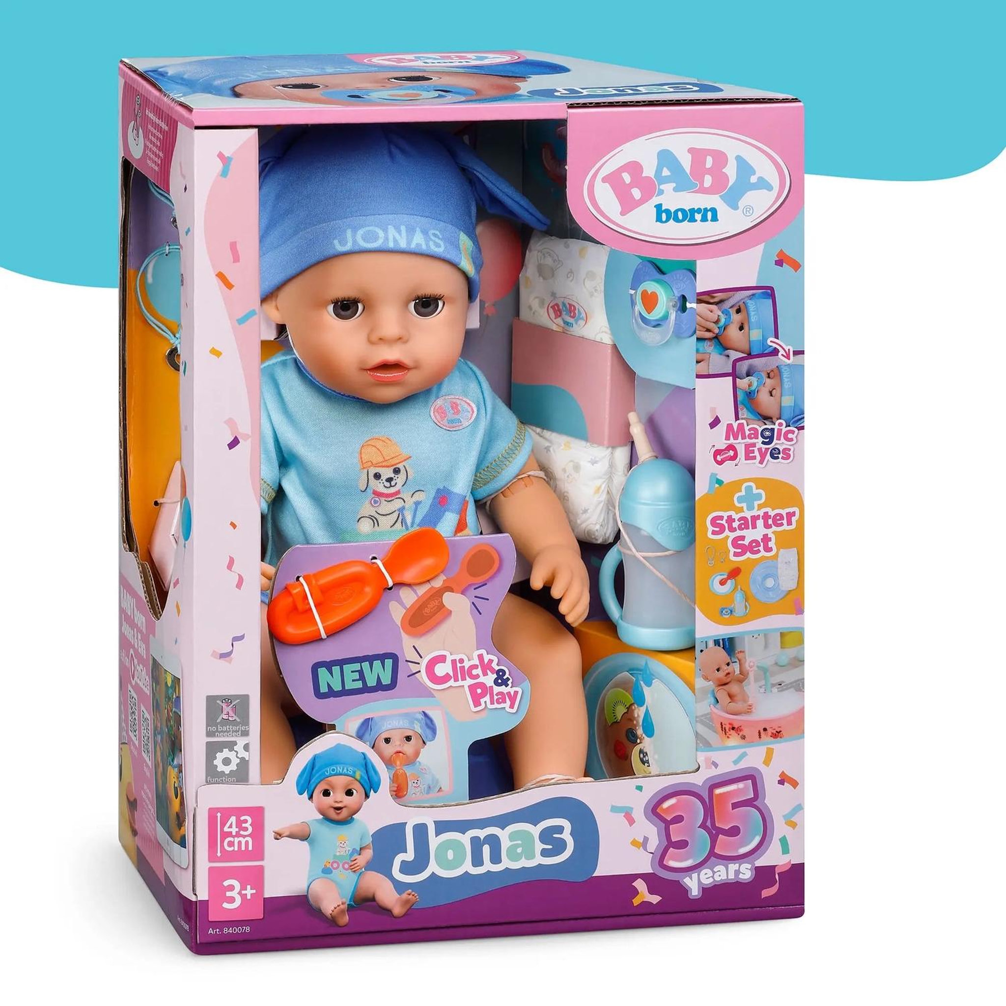 Zapf Creation Poupée interactive Click & Play 43 cm Jonas multicolore avec 8 accessoires, 10 fonctions dont boit, mange à couleur magique et fait pipi