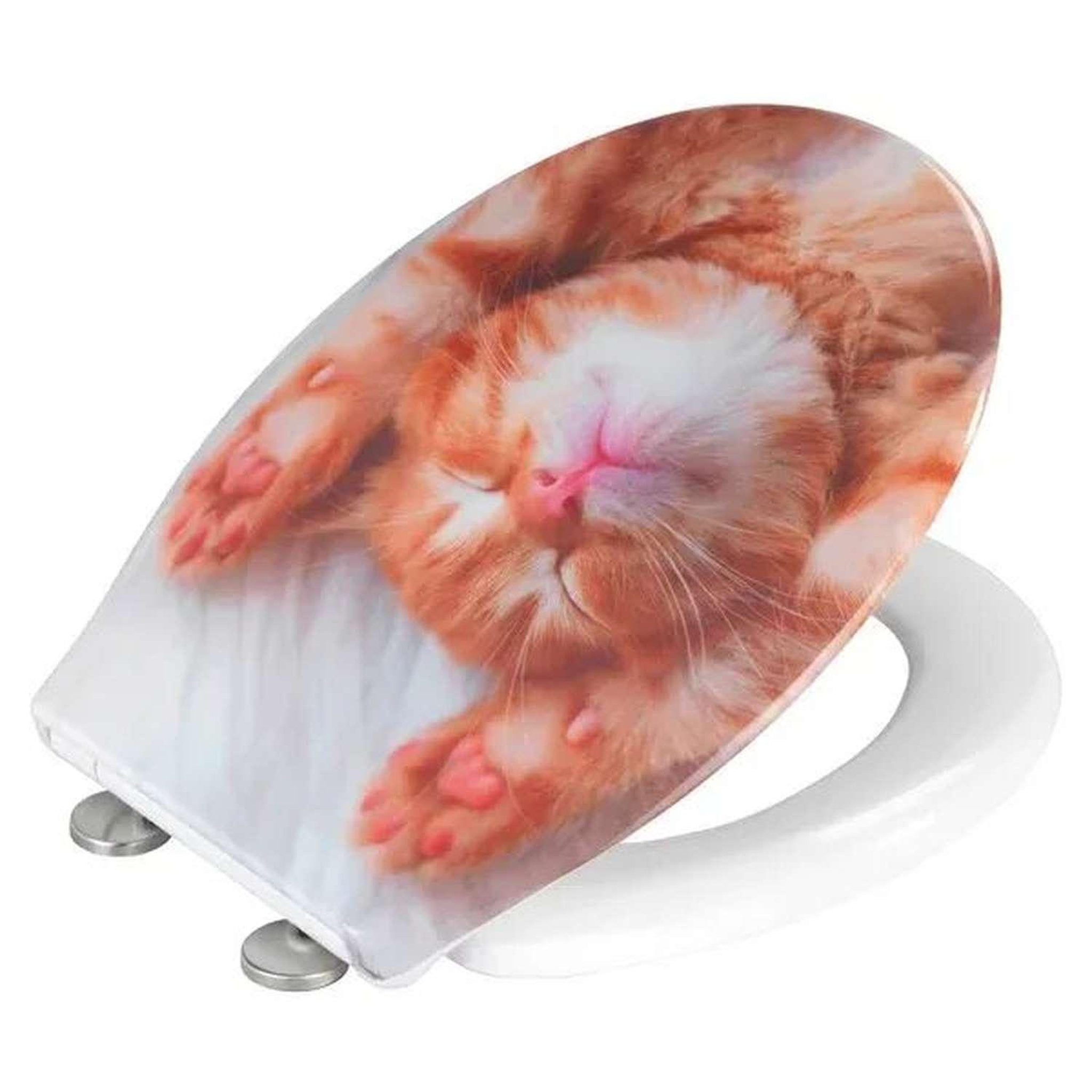 Voir la diapositive 3 : Wenko Abattant wc chaton - bois - blanc et orange