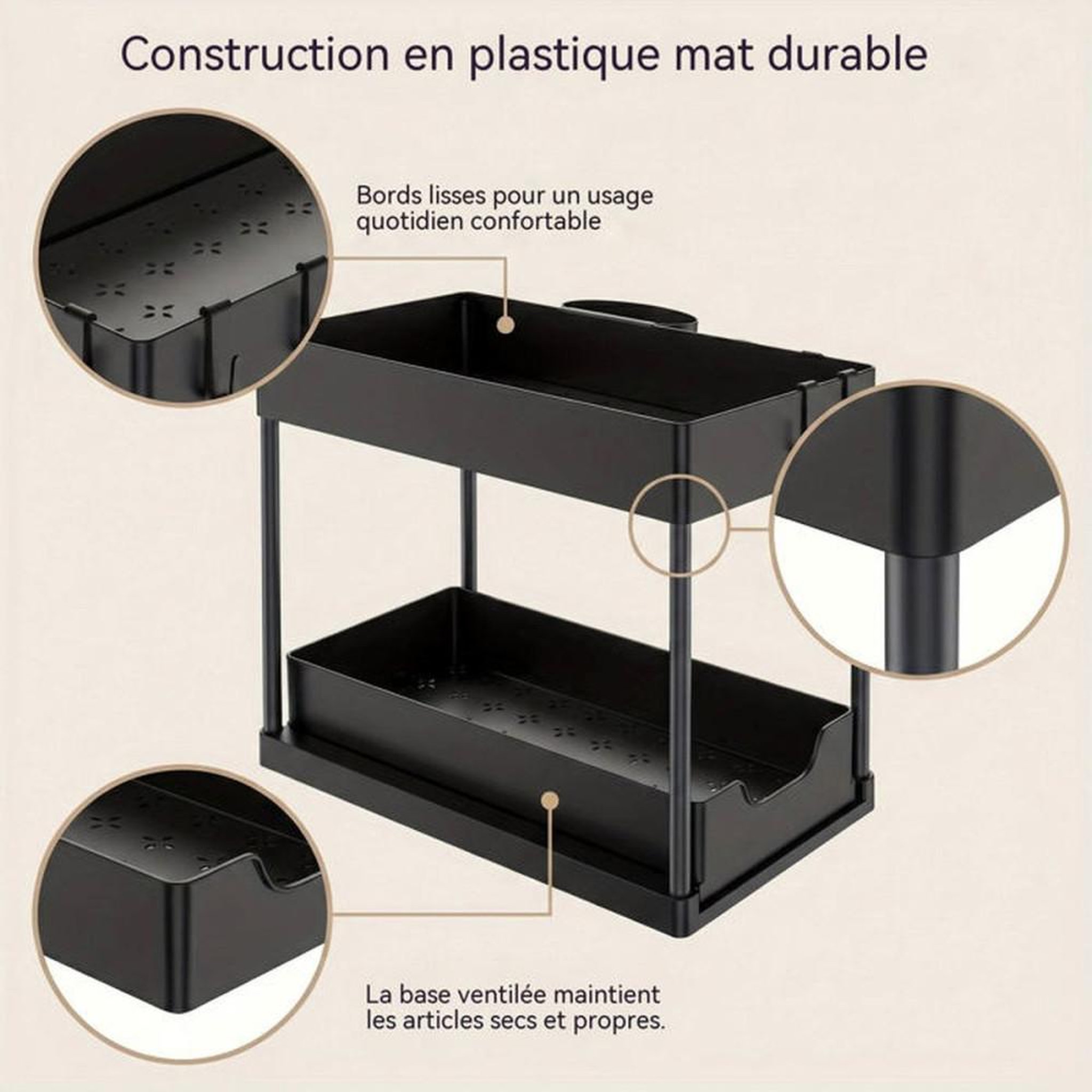 Voir la diapositive 4 : Rangement double niveau sous évier avec tiroir coulissant, fond évidé et étagères ventilées noir 37,5 x 20,5 x 33,5 cm