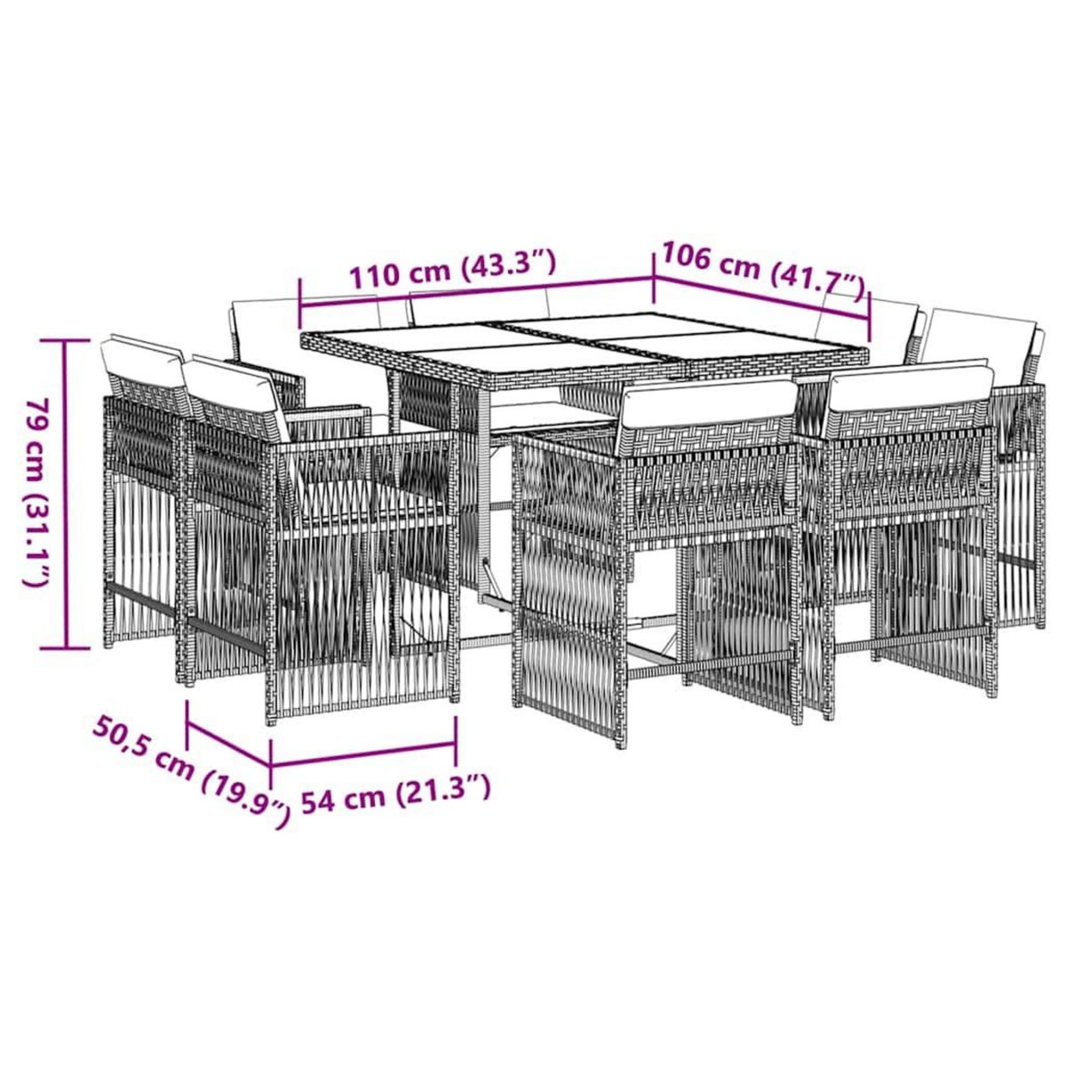 VIDAXL Ensemble a manger de jardin 9pcs coussins noir resine tressee