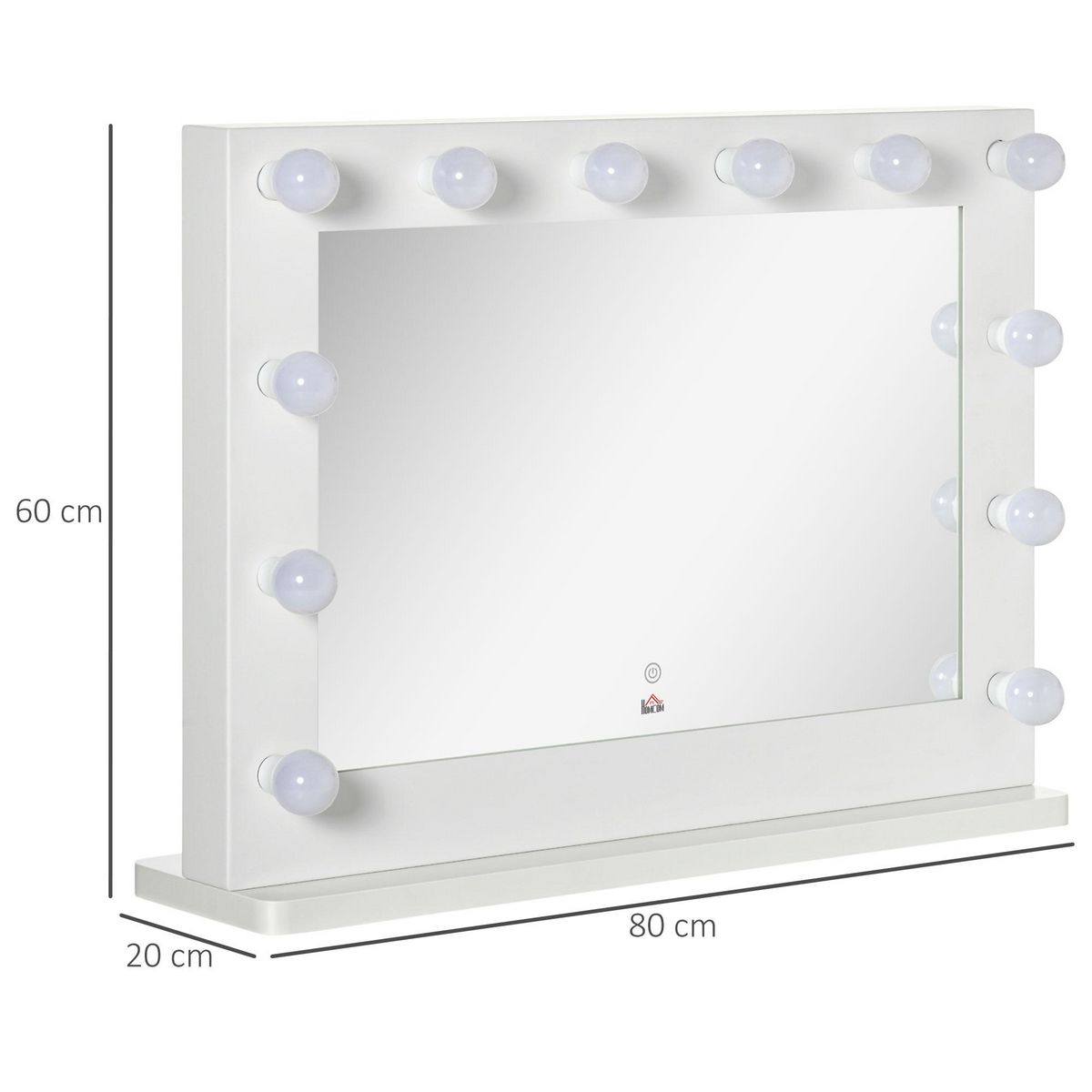 HOMCOM Miroir maquillage Hollywood lumineux LED tactile - 12 LED, luminosité réglable, fonction mémoire - métal MDF blanc verre