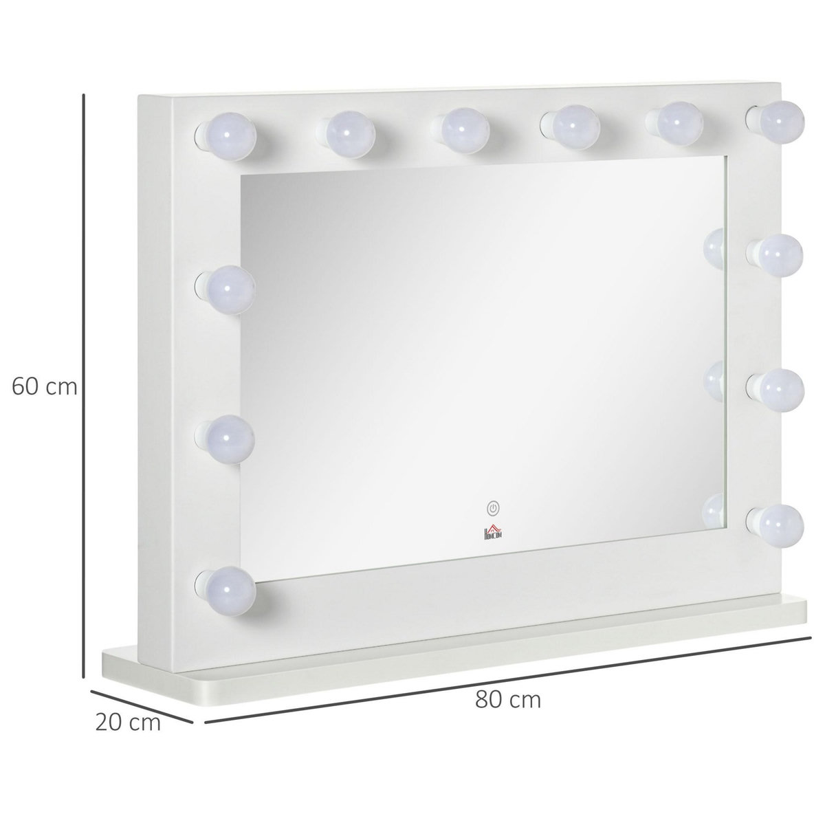 HOMCOM Miroir maquillage Hollywood lumineux LED tactile - 12 LED, luminosité réglable, fonction mémoire - métal MDF blanc verre