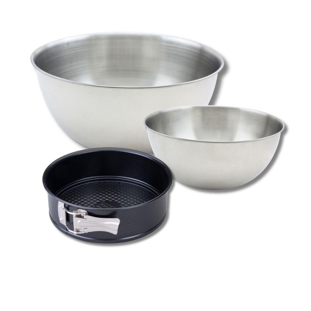 ZENKER Lot avec 1 Moule à manqué à charnière 20 cm, 1 spatule Zenker et 2 bols à mixer en inox Fackelmann