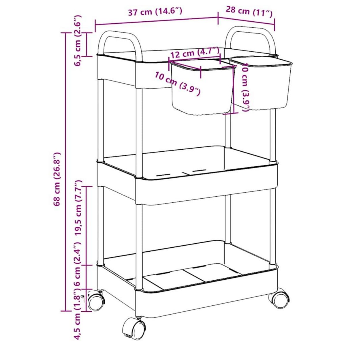 VIDAXL Chariot de rangement a 3 niveaux transparent acrylique