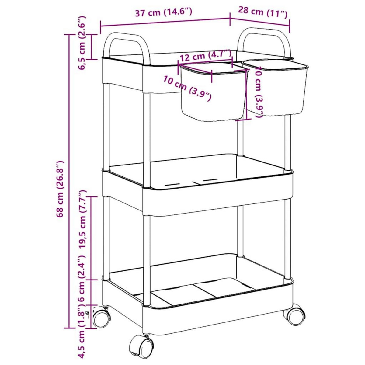 VIDAXL Chariot de rangement a 3 niveaux transparent acrylique