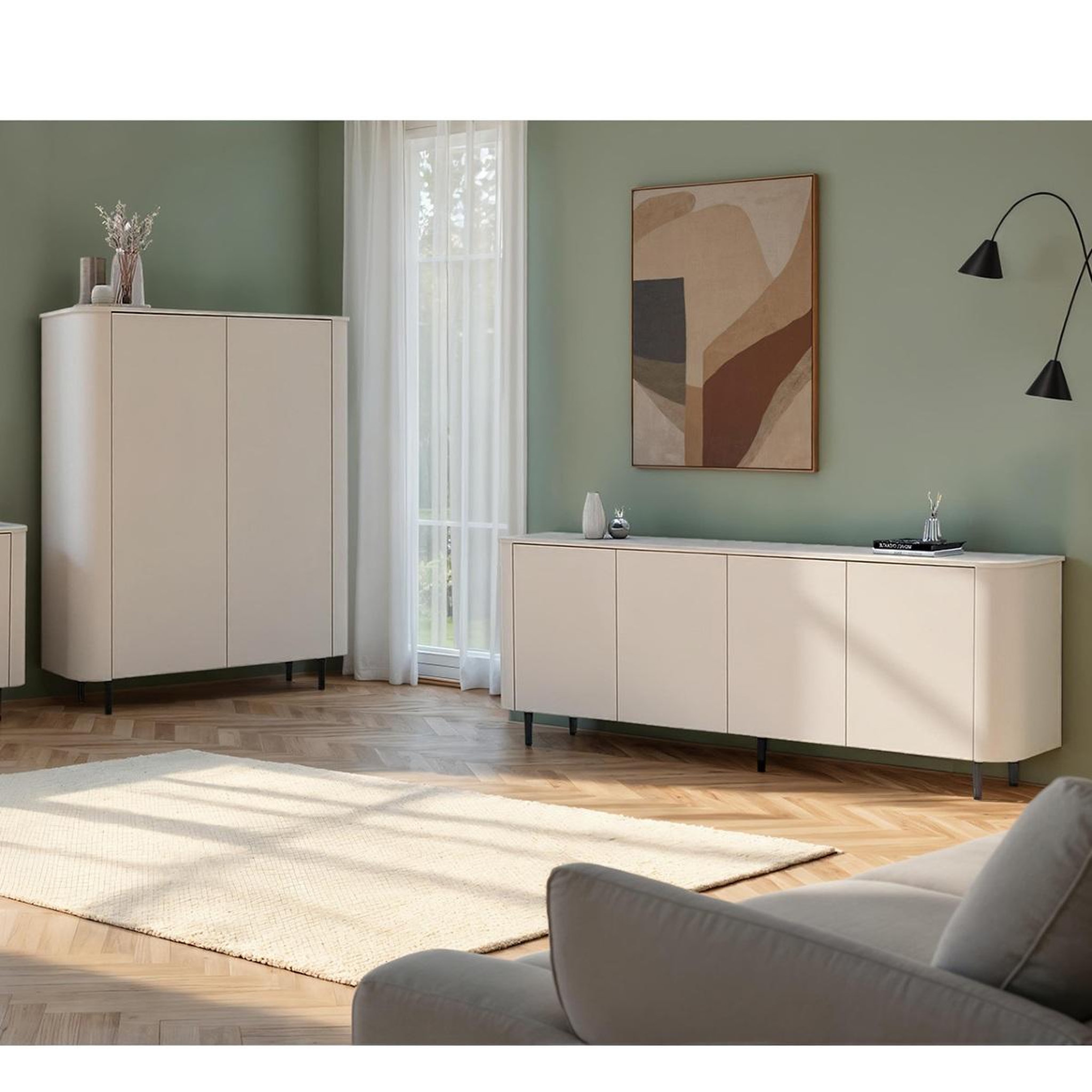 Voir la diapositive 5 : JLC KREATION Buffet bas arrondi beige cachemire 230cm olga
