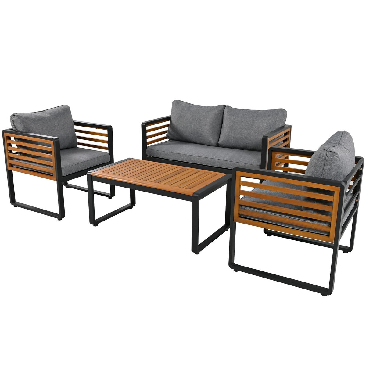 MERAX Salon de jardin 4 places en fer,avec 1 canapé 2p, 2 fauteuils, table, accoudoirs décoratifs, gris