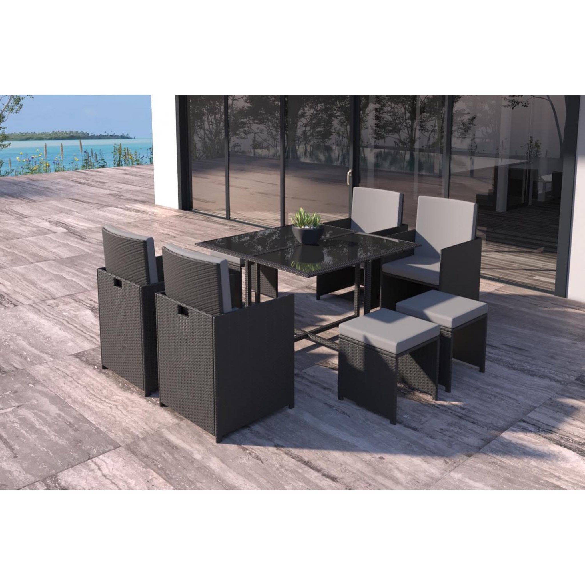 Voir la diapositive 6 : CONCEPT USINE Table et chaises 8 places en résine tressée noir et gris FLORIDA