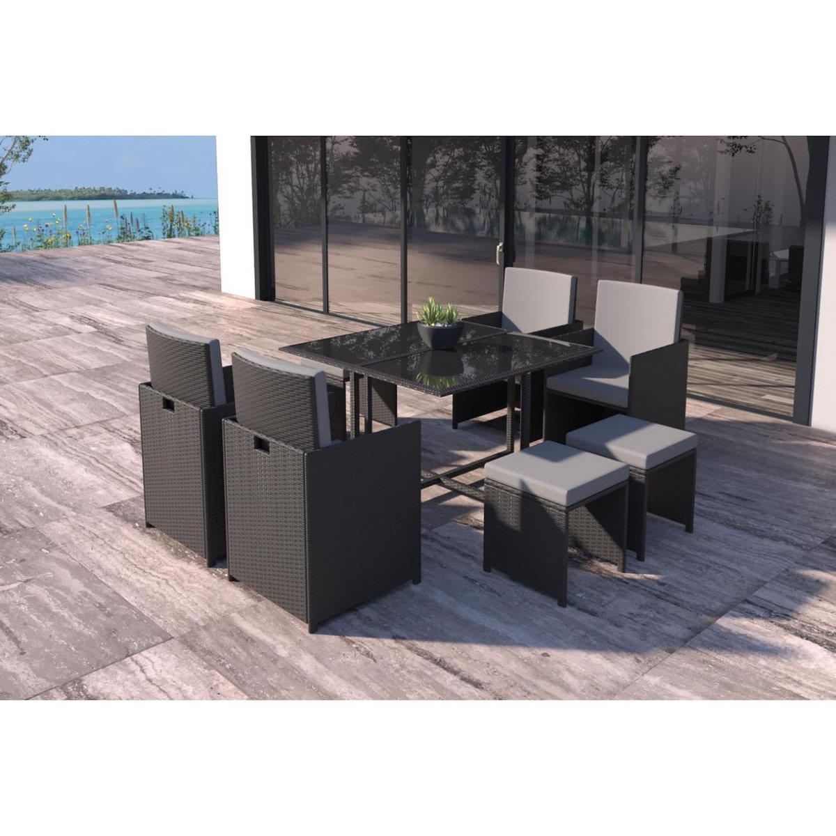 CONCEPT USINE Table et chaises 8 places en résine tressée noir et gris FLORIDA