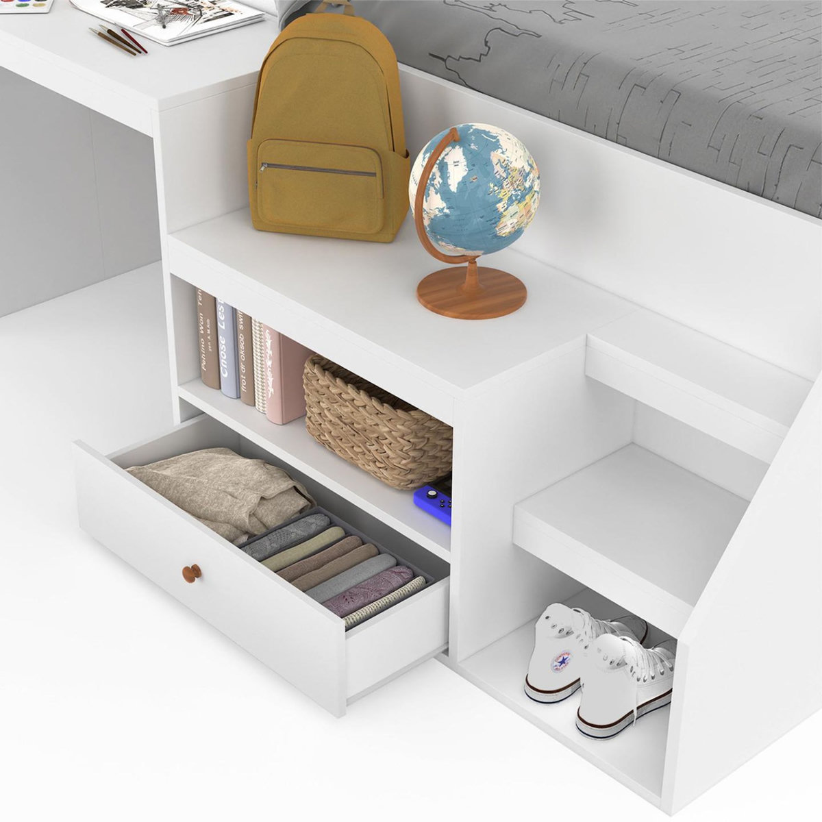 ID MARKET Lit combiné avec sommier, bureau et rangement LEOPOLD 90 x 190 cm blanc