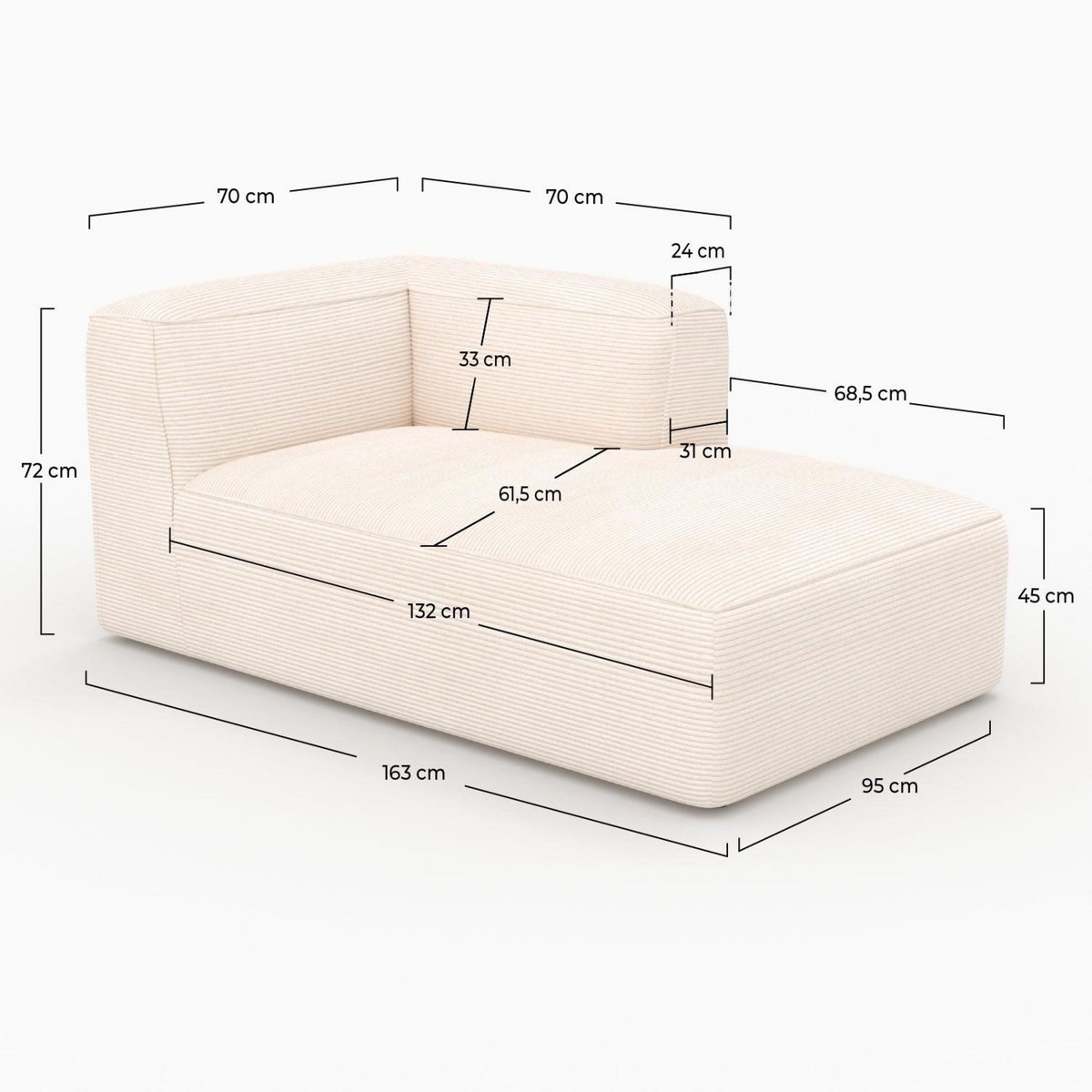 Rendez vous déco Méridienne d'angle à droite pour canapé modulable en velours blanc-Mina