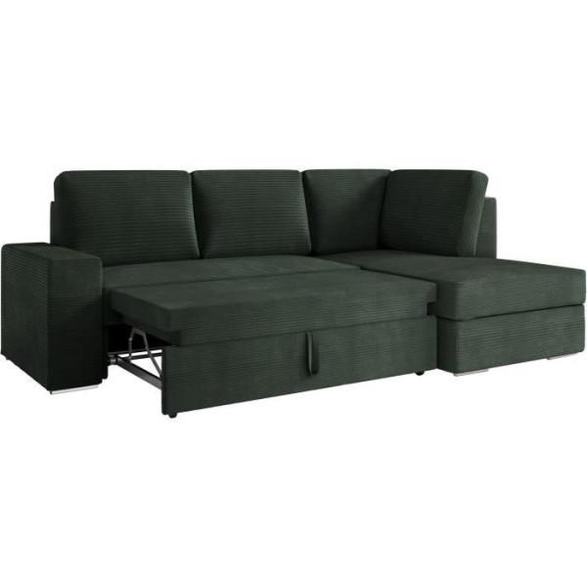 Voir la diapositive 5 : LOUNGITUDE Canapé d'angle droit 3 places convertible ADEN avec coffre en velours côtelé - Vert foncé - L246 x P174 x H96cm - LOUNGITUDE
